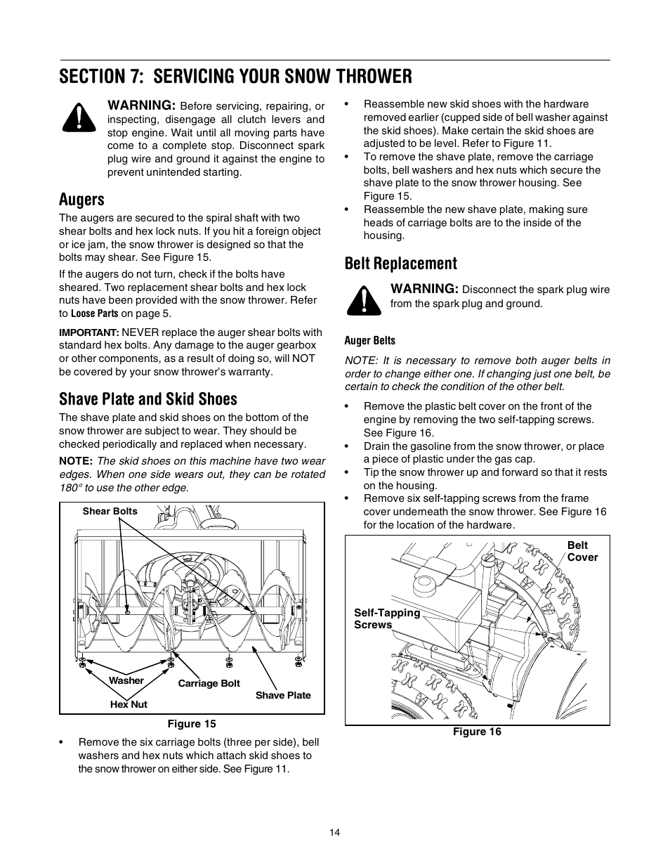 Augers, Shave plate and skid shoes, Belt replacement | Troy-Bilt 7524 User Manual | Page 14 / 28