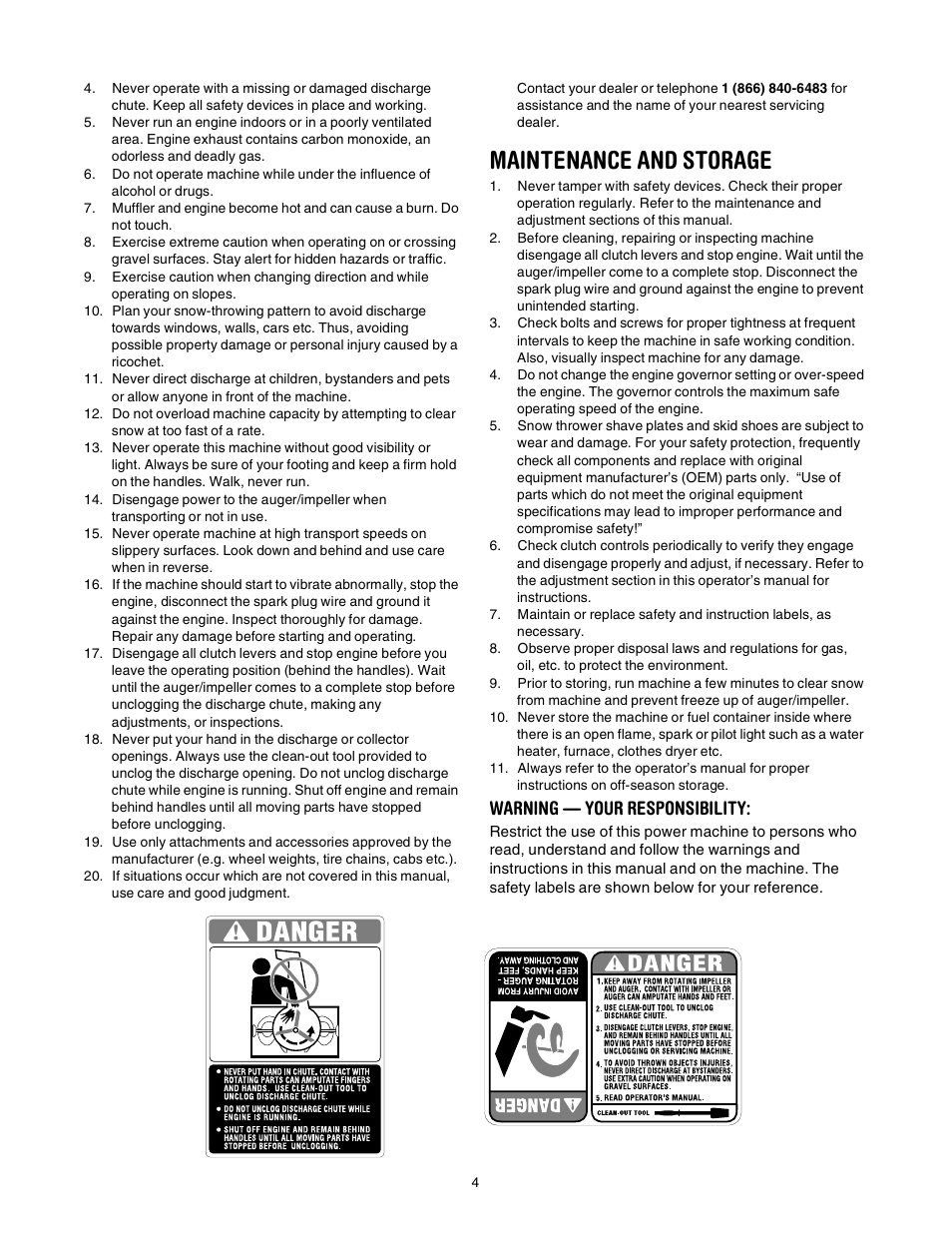 Maintenance and storage, Warning — your responsibility | Troy-Bilt 7524 User Manual | Page 4 / 28