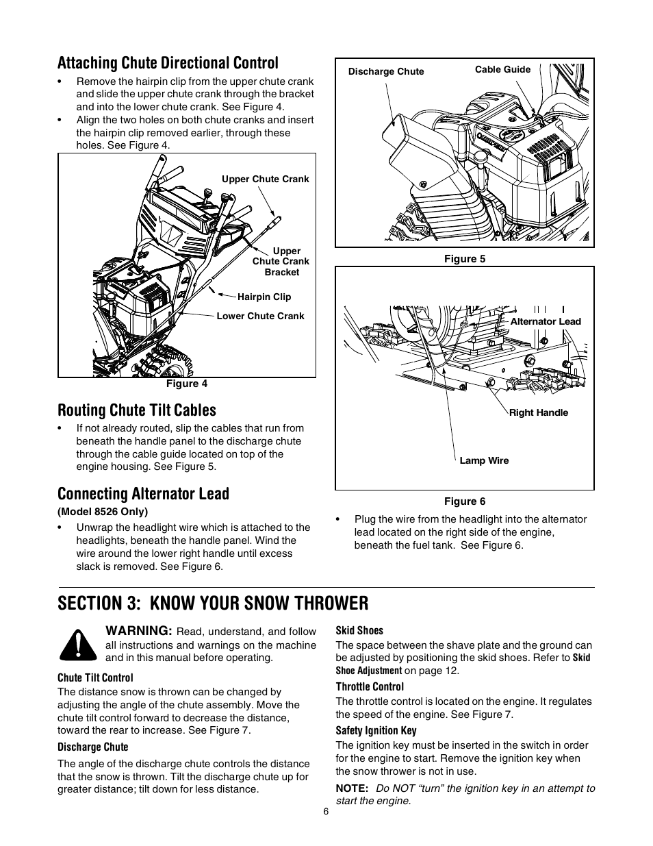 Attaching chute directional control, Routing chute tilt cables, Connecting alternator lead | Troy-Bilt 7524 User Manual | Page 6 / 28