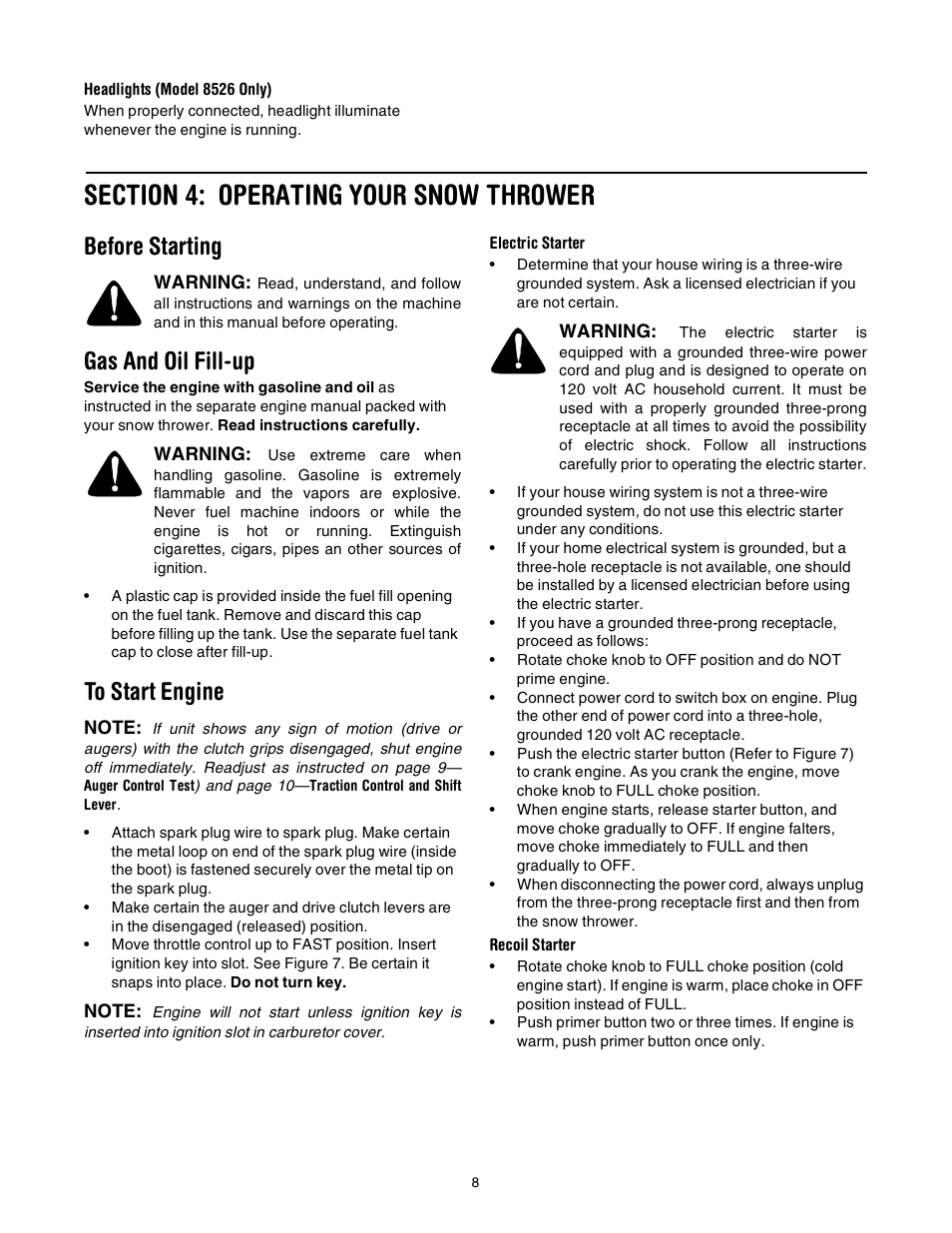 Before starting, Gas and oil fill-up | Troy-Bilt 7524 User Manual | Page 8 / 28