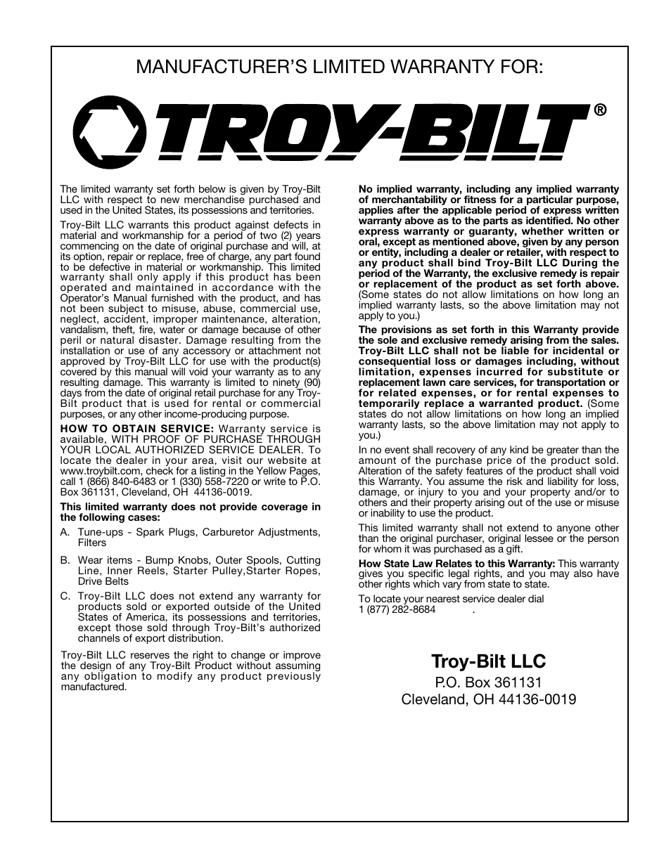 Manufacturer’s limited warranty for, Troy-bilt llc | Troy-Bilt TBTB User Manual | Page 12 / 36