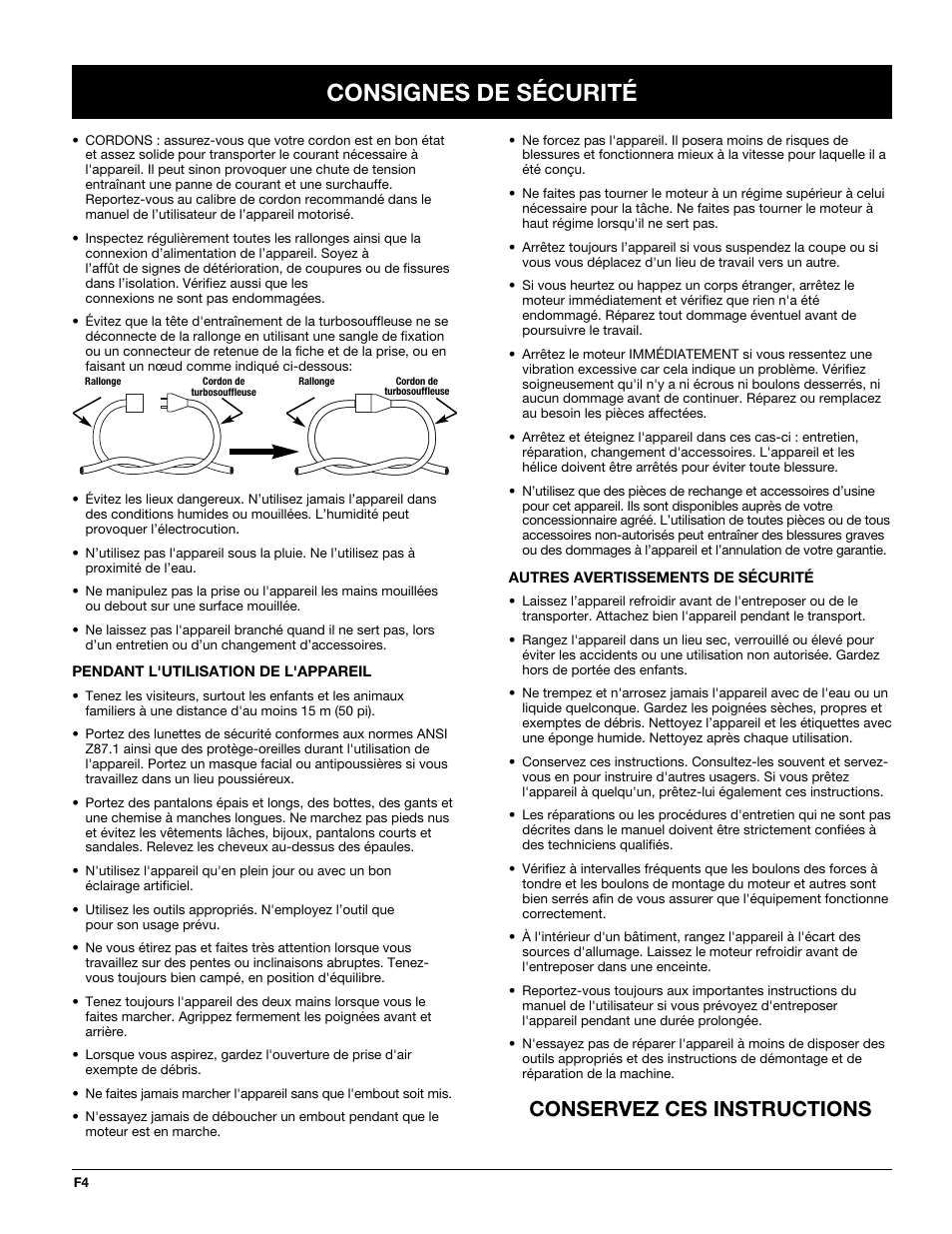 Consignes de sécurité, Conservez ces instructions | Troy-Bilt TBTB User Manual | Page 16 / 36