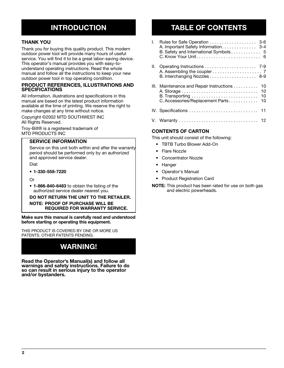 Introduction table of contents, Warning | Troy-Bilt TBTB User Manual | Page 2 / 36