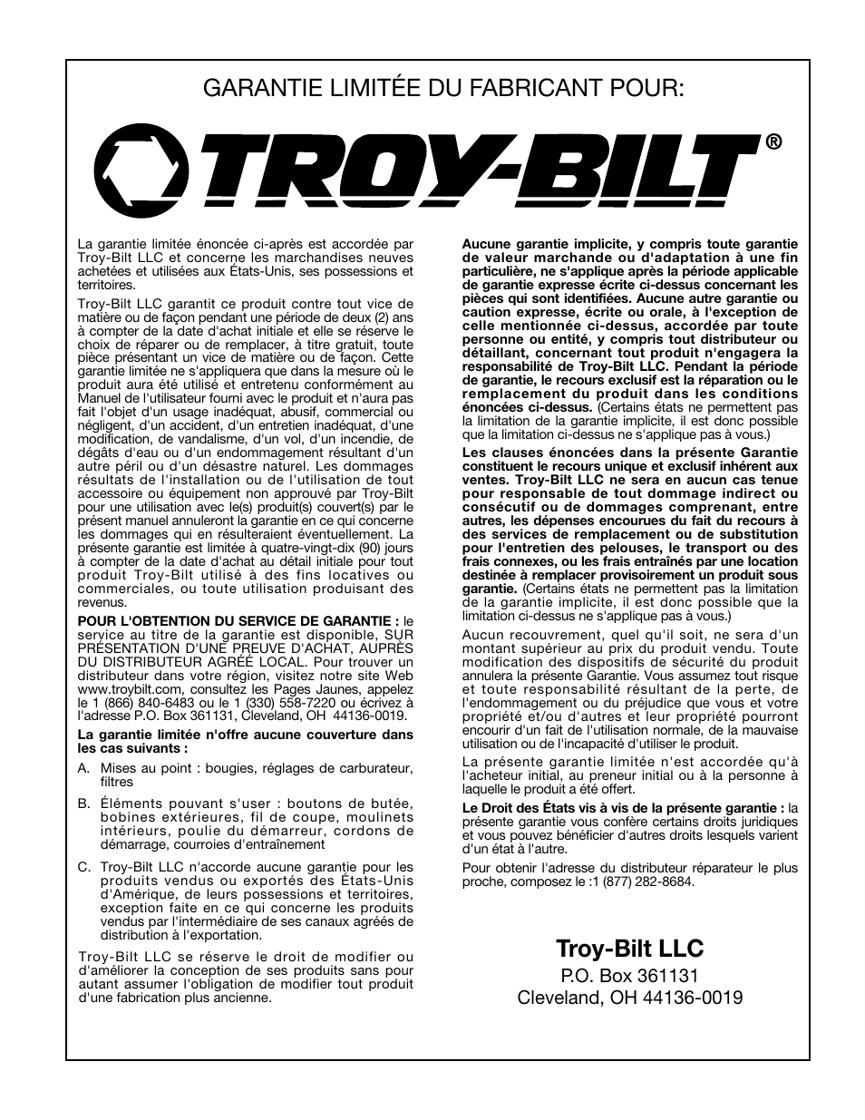 Garantie limitée du fabricant pour, Troy-bilt llc | Troy-Bilt TBTB User Manual | Page 24 / 36