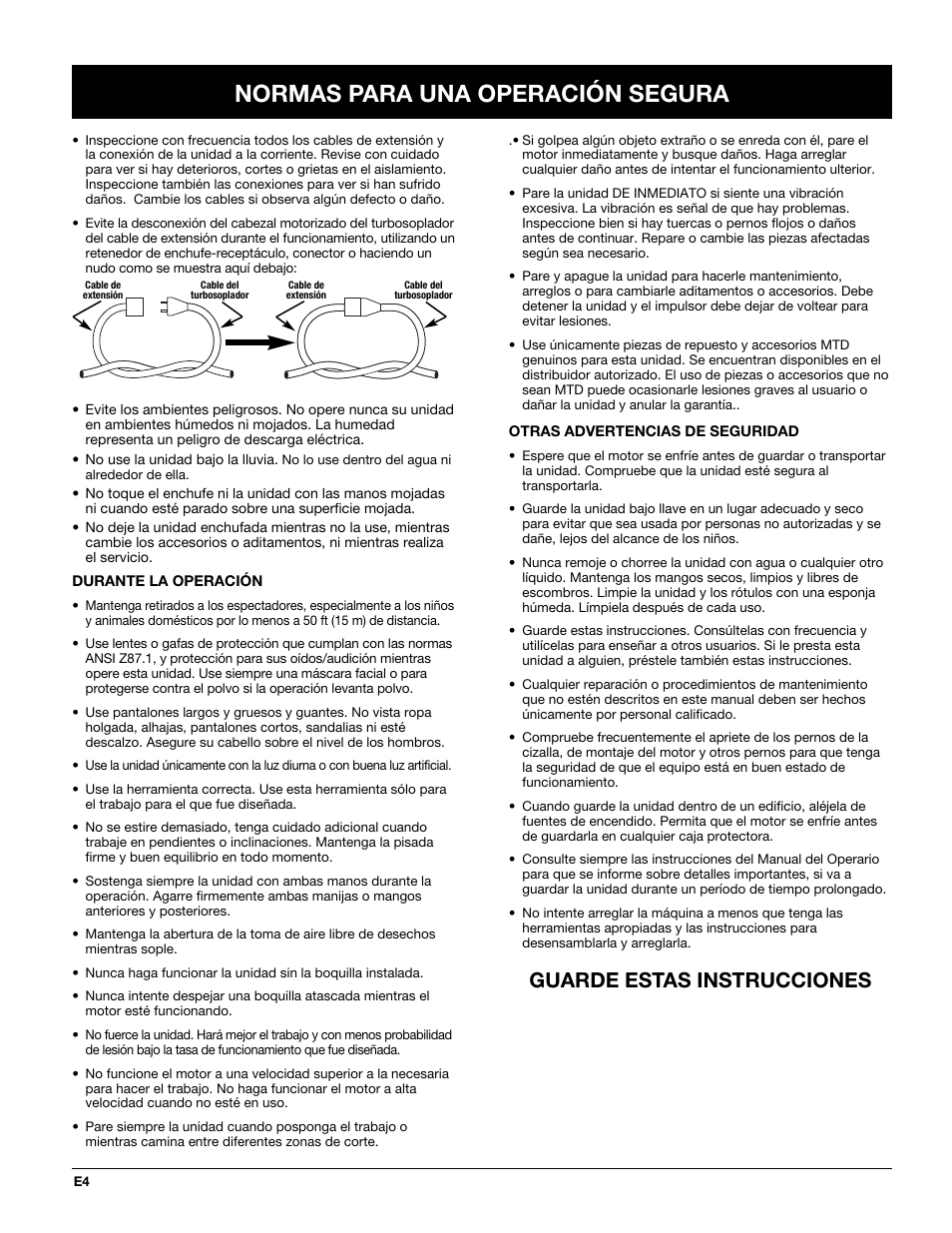 Normas para una operación segura, Guarde estas instrucciones | Troy-Bilt TBTB User Manual | Page 28 / 36