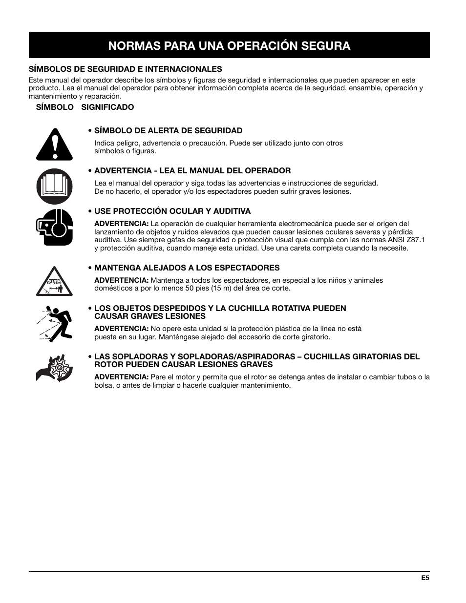 Normas para una operación segura | Troy-Bilt TBTB User Manual | Page 29 / 36