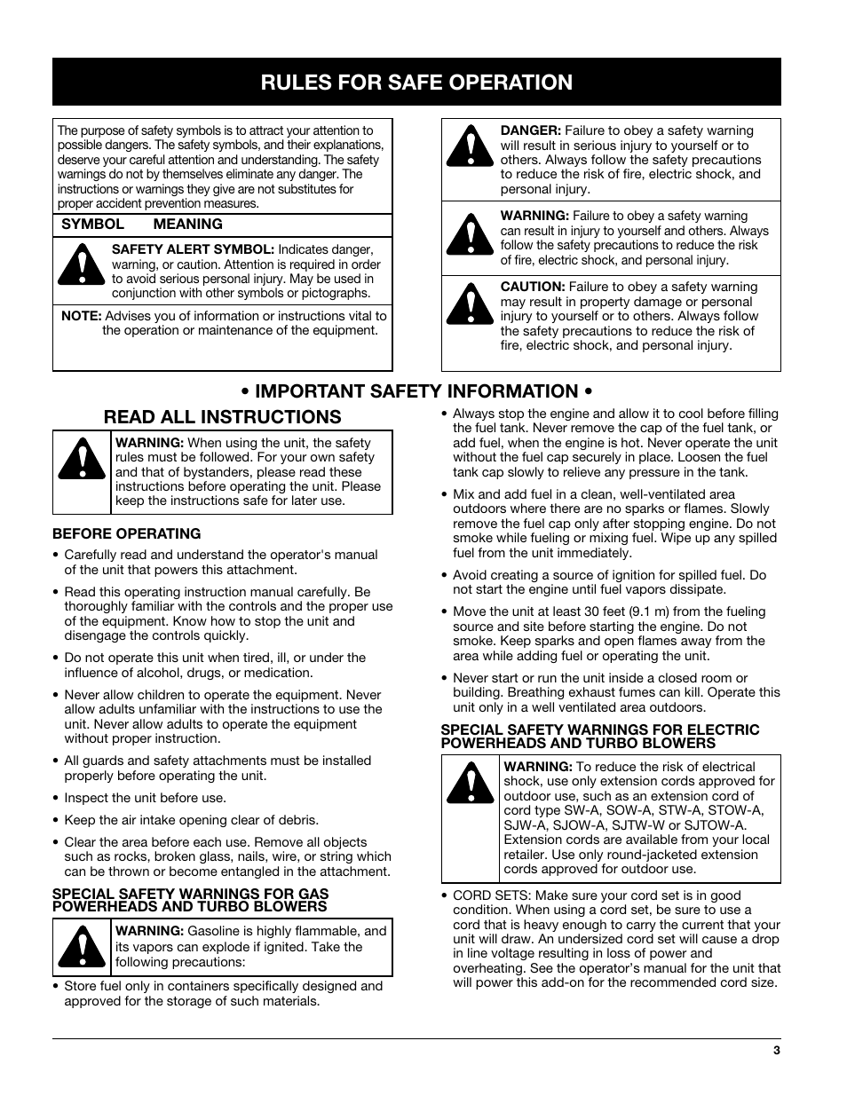 Rules for safe operation, Read all instructions, Important safety information | Troy-Bilt TBTB User Manual | Page 3 / 36