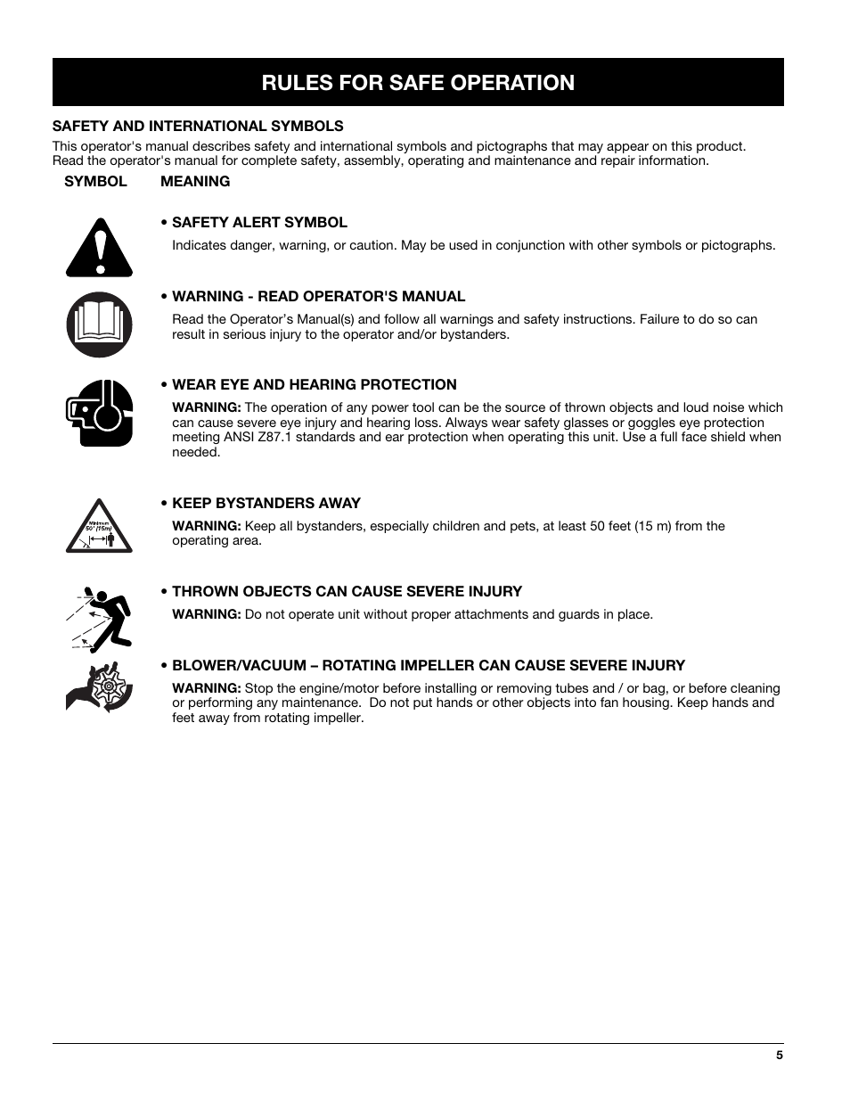 Rules for safe operation | Troy-Bilt TBTB User Manual | Page 5 / 36
