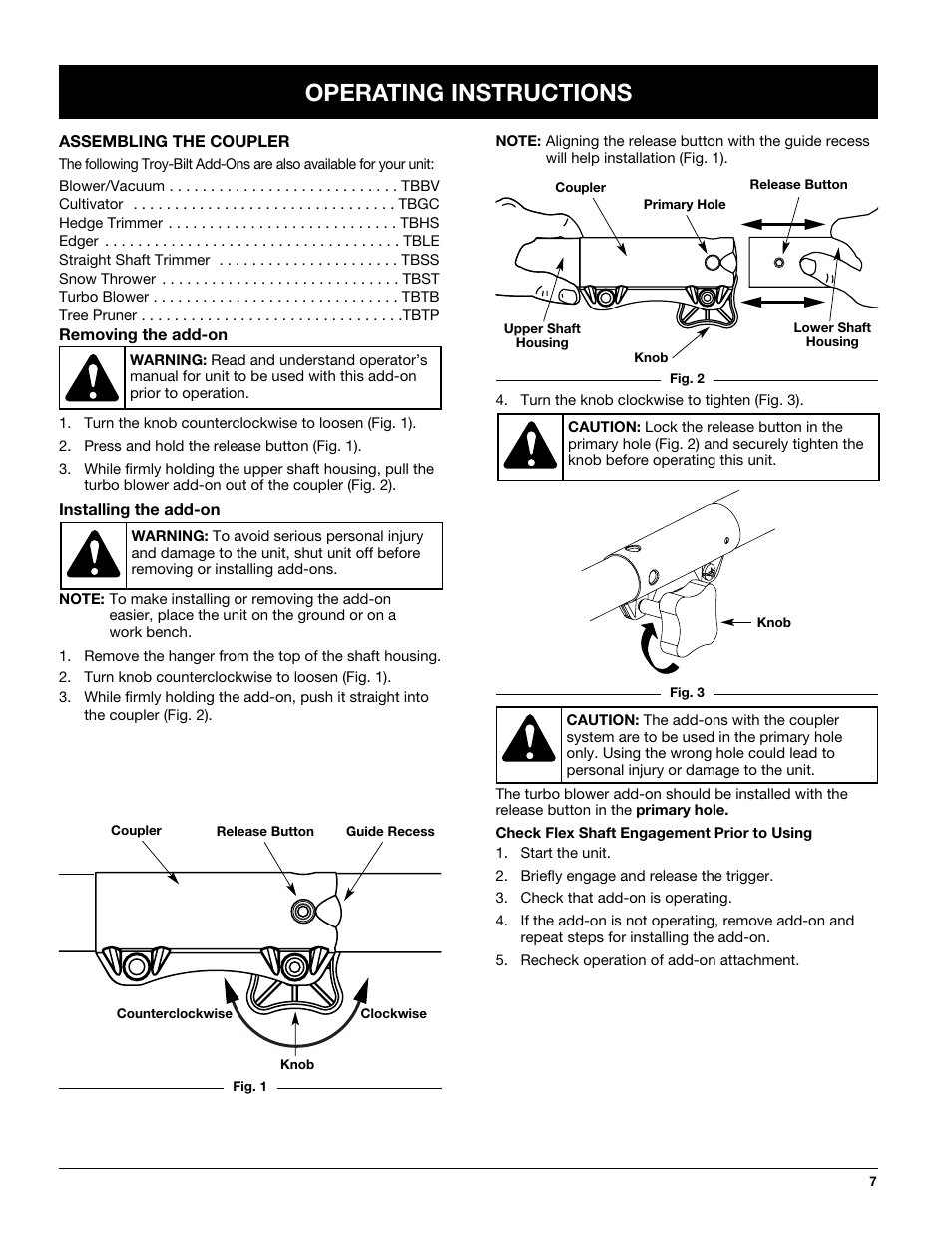 Operating instructions | Troy-Bilt TBTB User Manual | Page 7 / 36