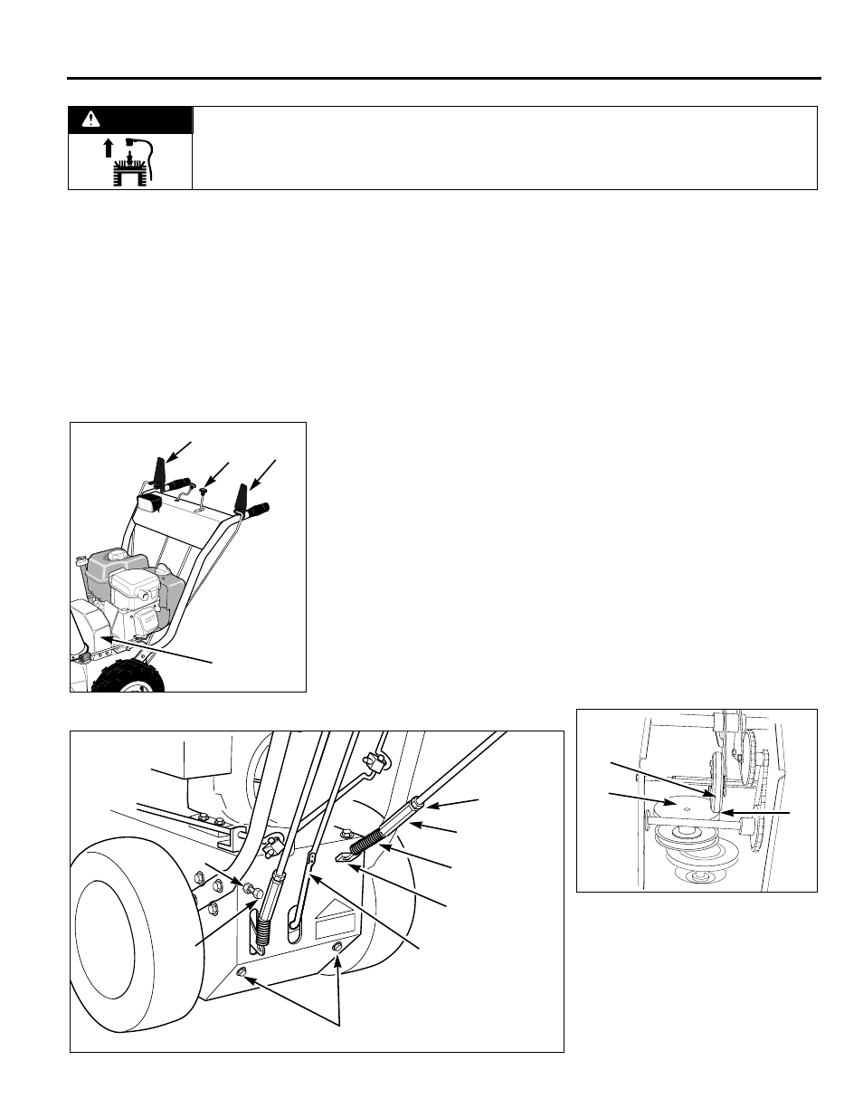 Gear shift rod adjustment, Drive disc clearance adjustment, Brake arm adjustment | Warning | Troy-Bilt 42051 User Manual | Page 19 / 32