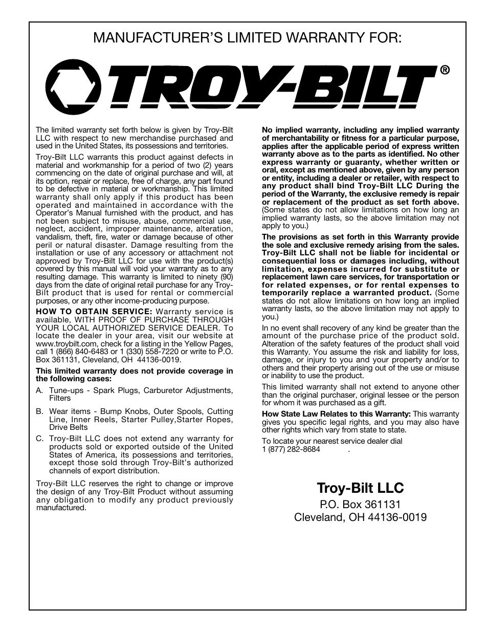 Manufacturer’s limited warranty for, Troy-bilt llc | Troy-Bilt 769-00425A User Manual | Page 16 / 48