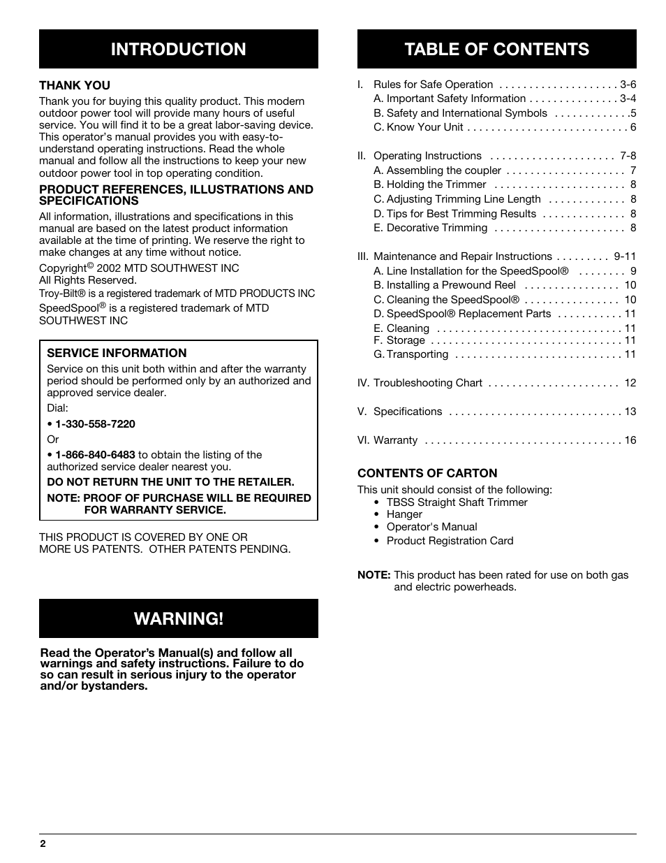 Introduction table of contents, Warning | Troy-Bilt 769-00425A User Manual | Page 2 / 48