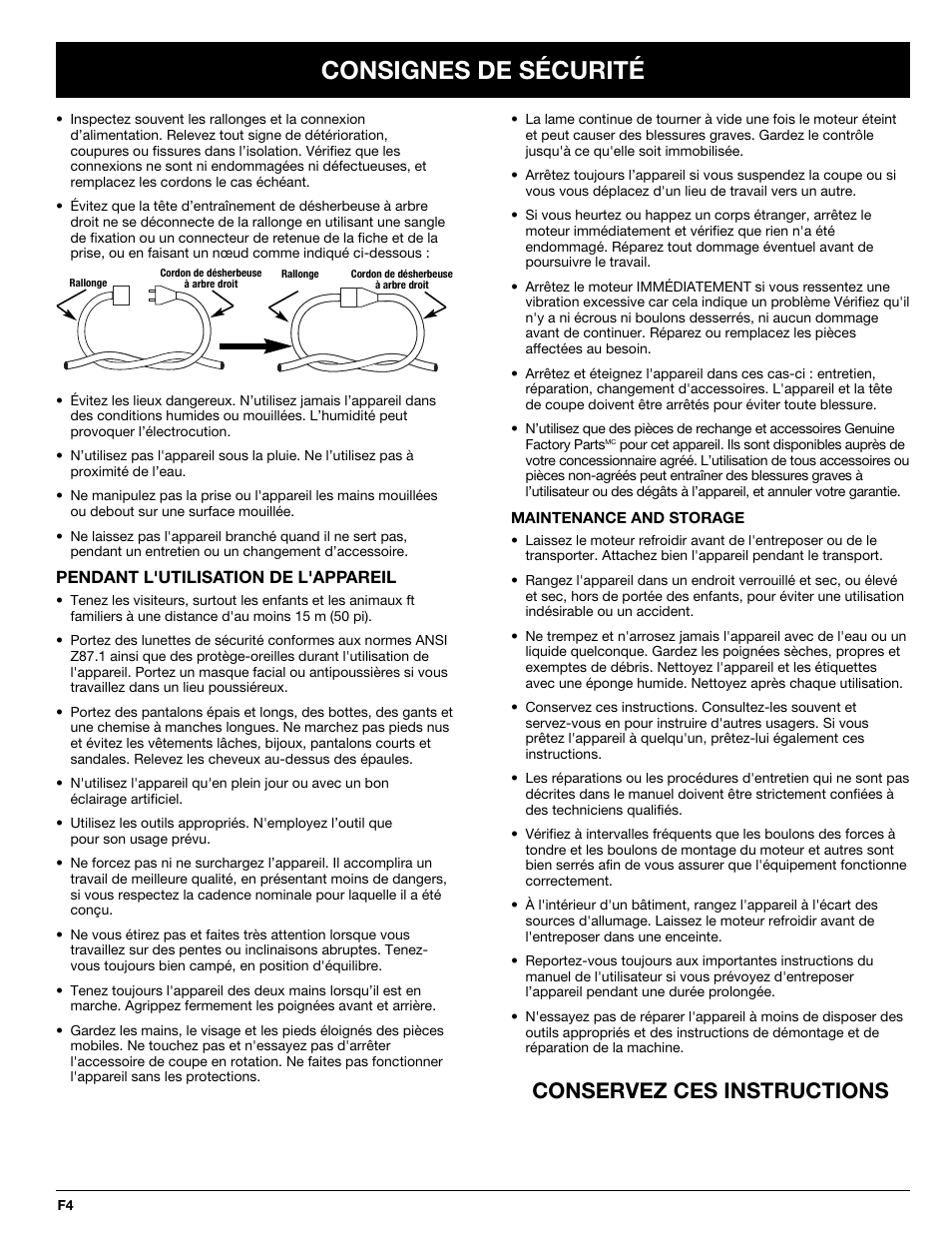 Consignes de sécurité, Conservez ces instructions | Troy-Bilt 769-00425A User Manual | Page 20 / 48