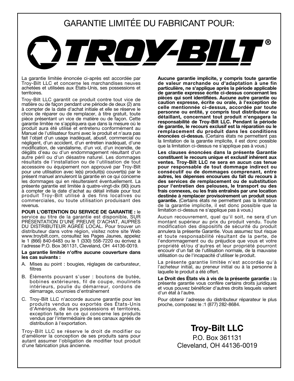 Garantie limitée du fabricant pour, Troy-bilt llc | Troy-Bilt 769-00425A User Manual | Page 32 / 48