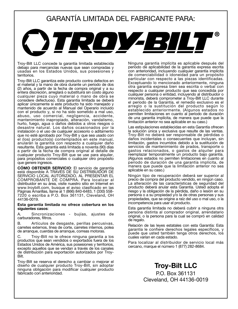 Garantía limitada del fabricante para, Troy-bilt llc | Troy-Bilt 769-00425A User Manual | Page 48 / 48