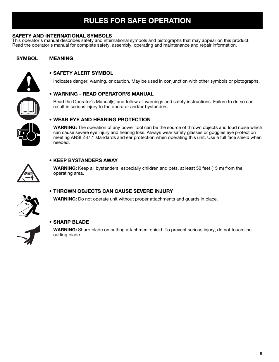 Rules for safe operation | Troy-Bilt 769-00425A User Manual | Page 5 / 48