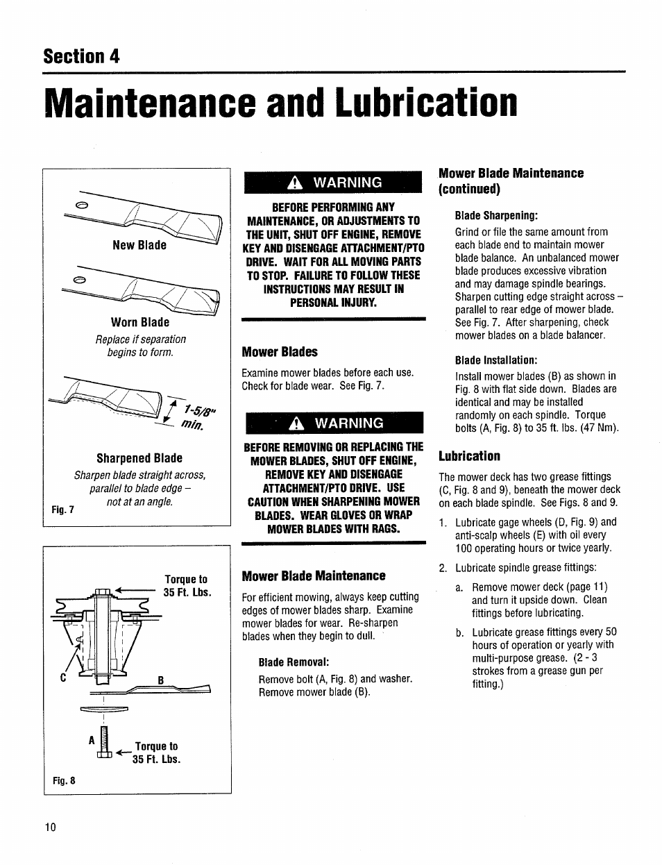 Maintenance and lubrication, A warning, Mower blade maintenance | Mower blade maintenance (continued), Lubrication | Troy-Bilt 14094 User Manual | Page 10 / 12