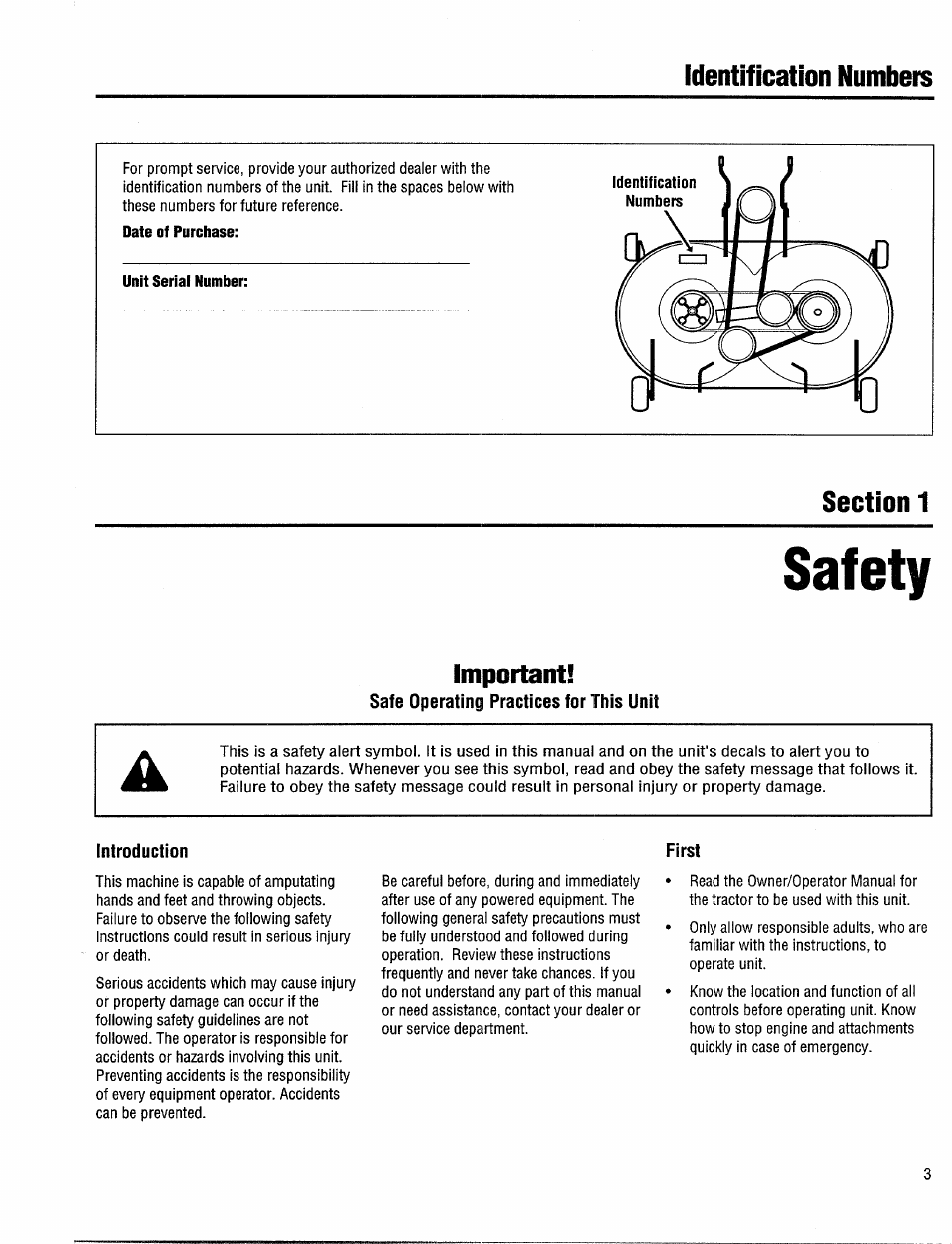 Safety, Important, Safe operating practices for this unit | Introduction, First, Identification numbers | Troy-Bilt 14094 User Manual | Page 3 / 12