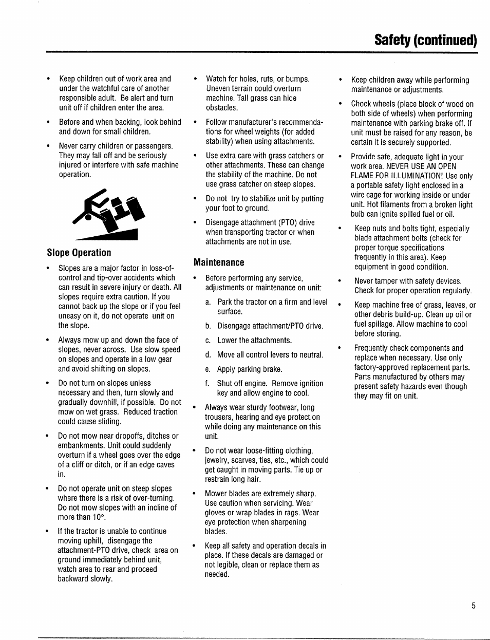 Slope operation, Maintenance, Safety (continued) | Troy-Bilt 14094 User Manual | Page 5 / 12