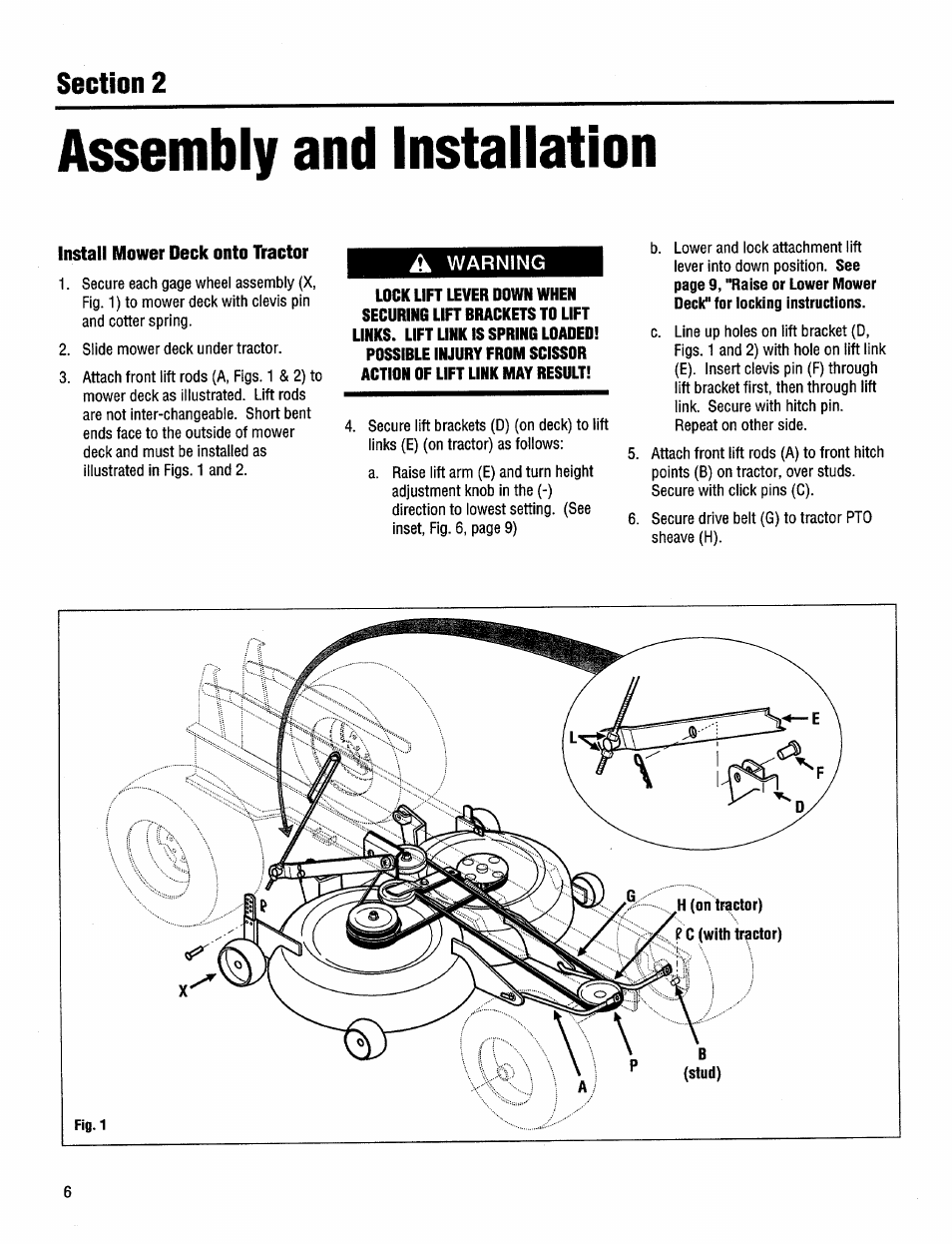 Assembly and installation, Install mower deck onto tractor, A warning | Troy-Bilt 14094 User Manual | Page 6 / 12