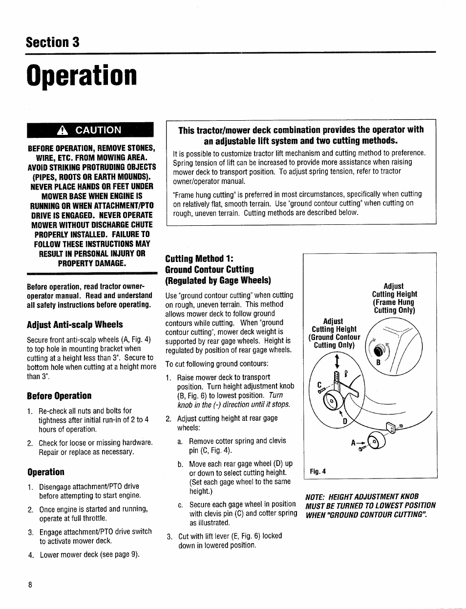 Operation, A caution, Adjust anti-scalp wheels | Before operation, Cutting method 1, Ground contour cutting (reguiated by gage wheeis), Caution | Troy-Bilt 14094 User Manual | Page 8 / 12