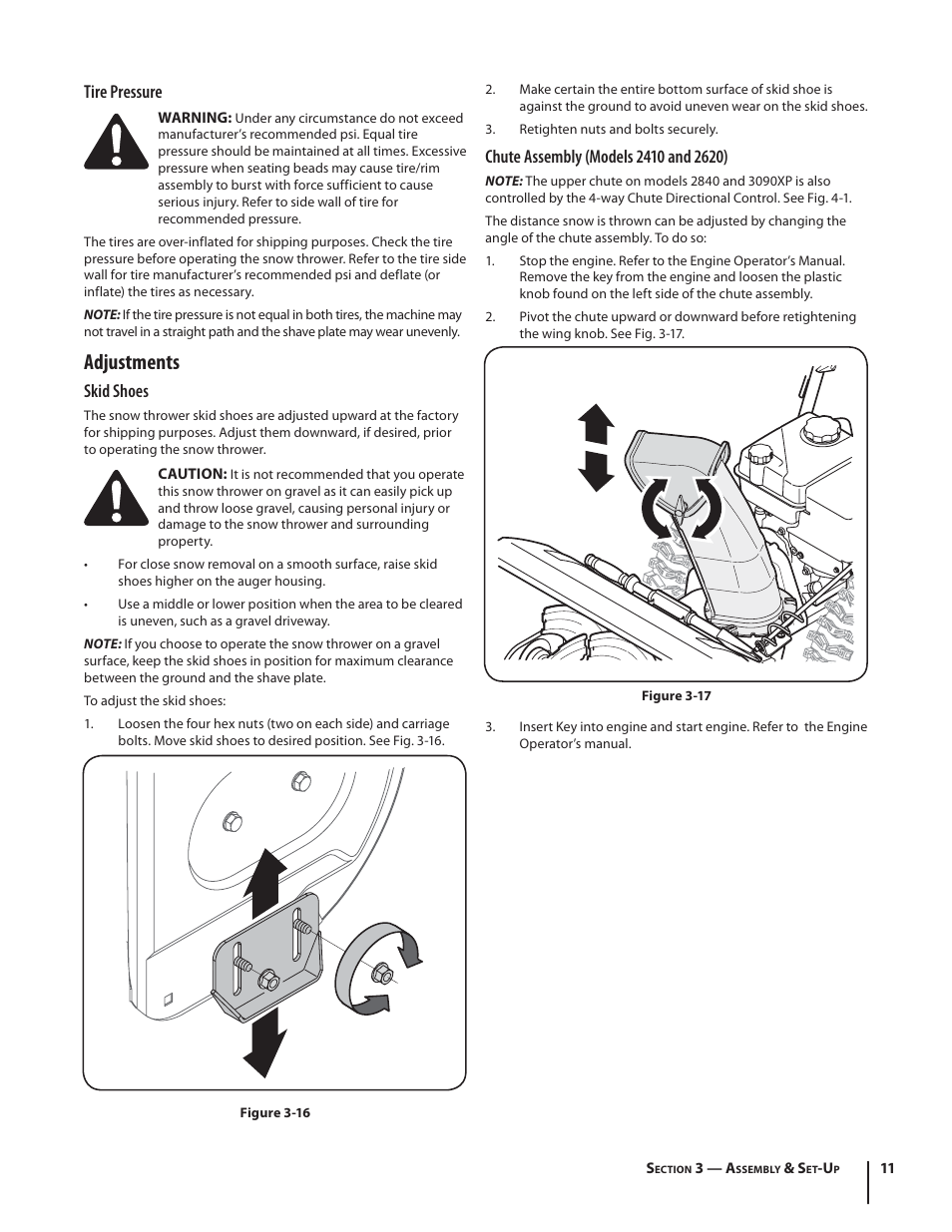 Adjustments, Tire pressure, Skid shoes | Troy-Bilt 2410 User Manual | Page 11 / 56