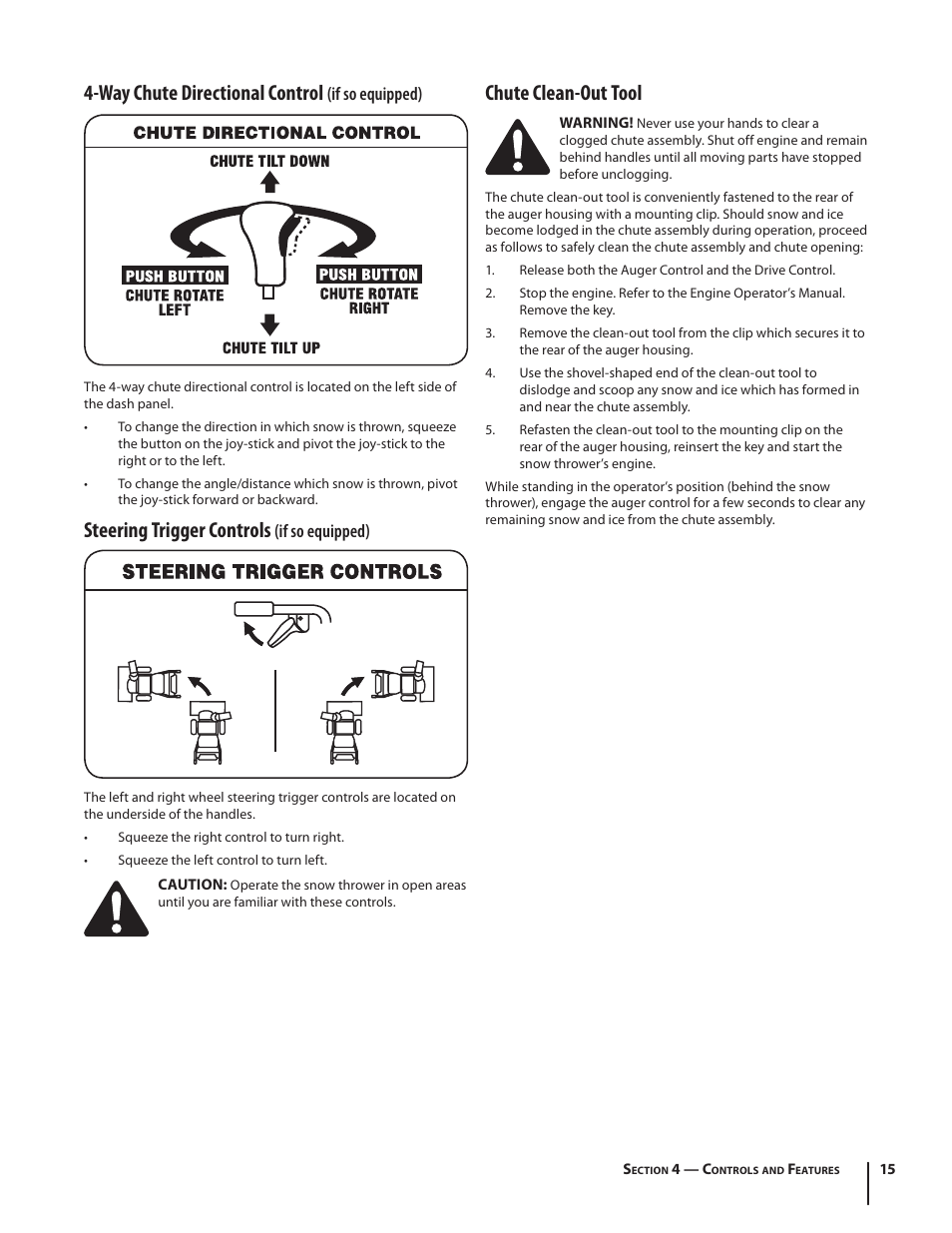 Way chute directional control, Steering trigger controls, Chute clean-out tool | If so equipped) | Troy-Bilt 2410 User Manual | Page 15 / 56