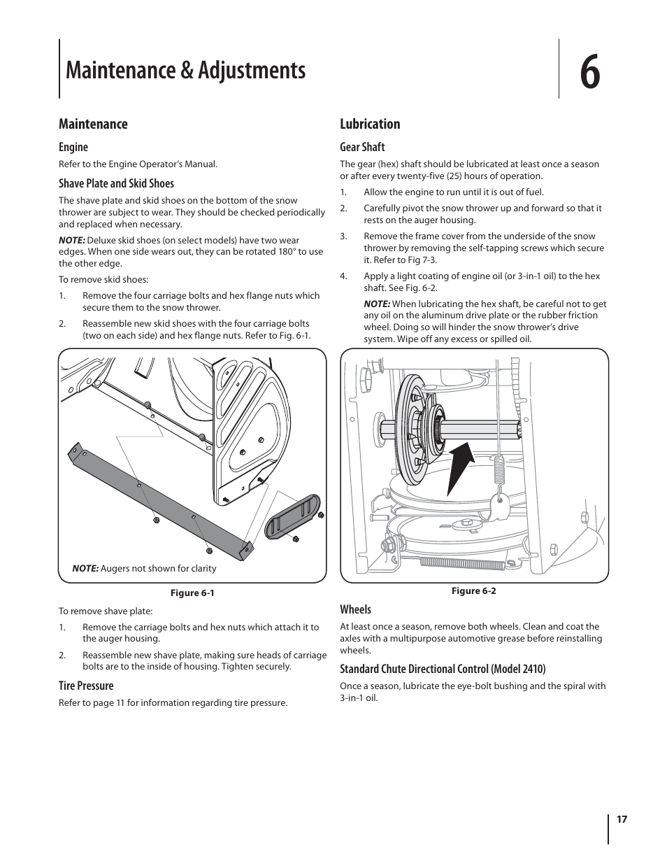 Maintenance & adjustments, Maintenance, Lubrication | Troy-Bilt 2410 User Manual | Page 17 / 56