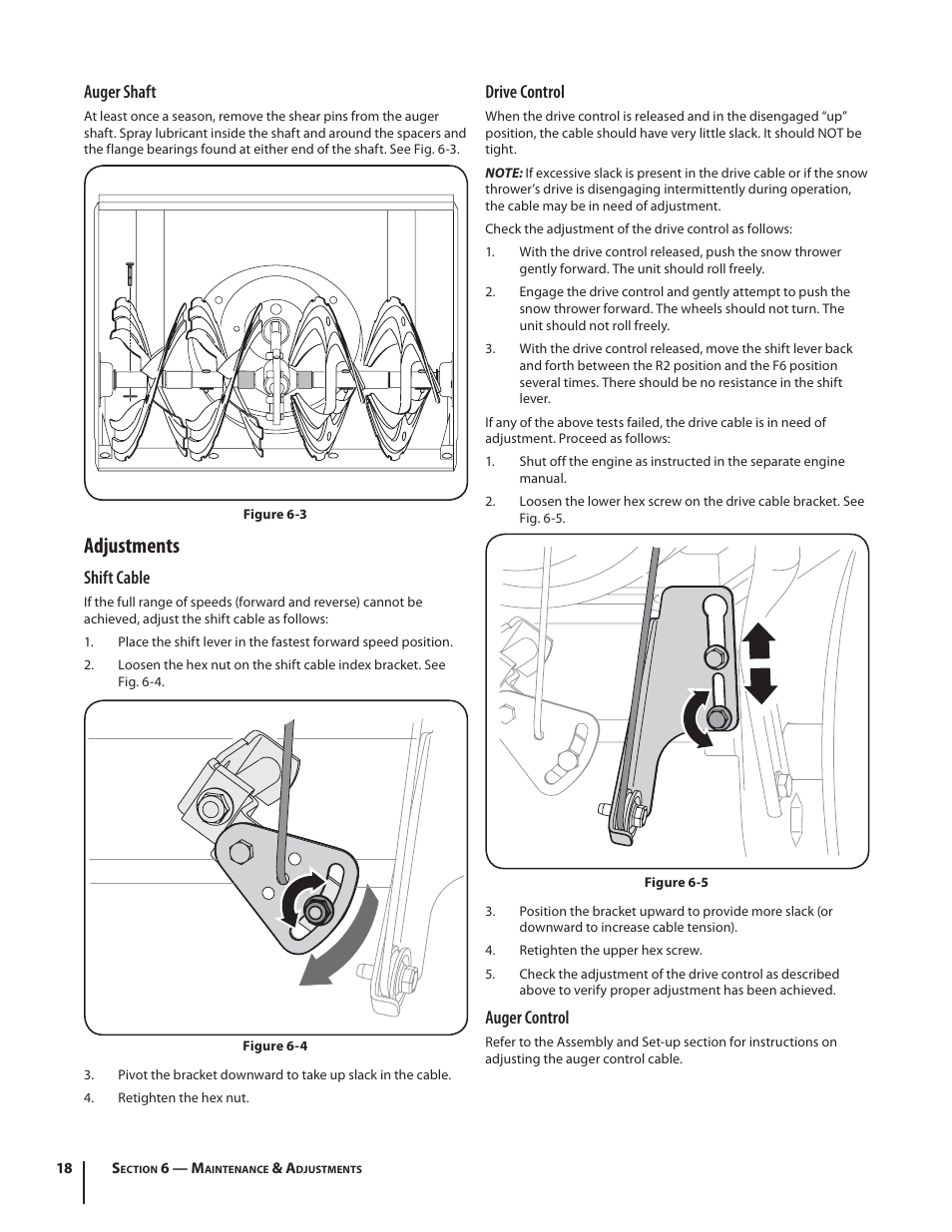 Adjustments, Auger shaft, Shift cable | Drive control, Auger control | Troy-Bilt 2410 User Manual | Page 18 / 56