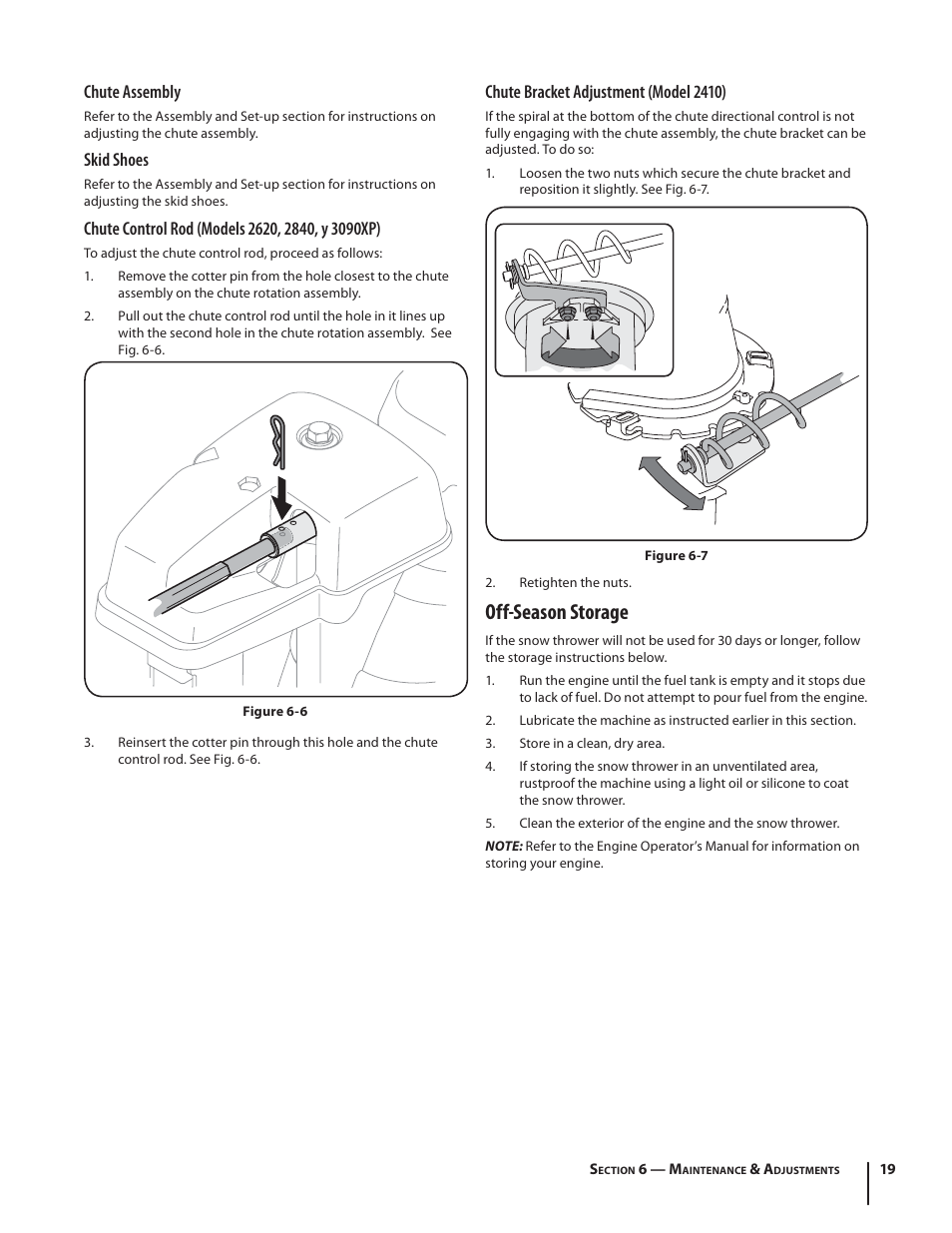 Off-season storage, Chute assembly, Skid shoes | Chute bracket adjustment (model 2410) | Troy-Bilt 2410 User Manual | Page 19 / 56