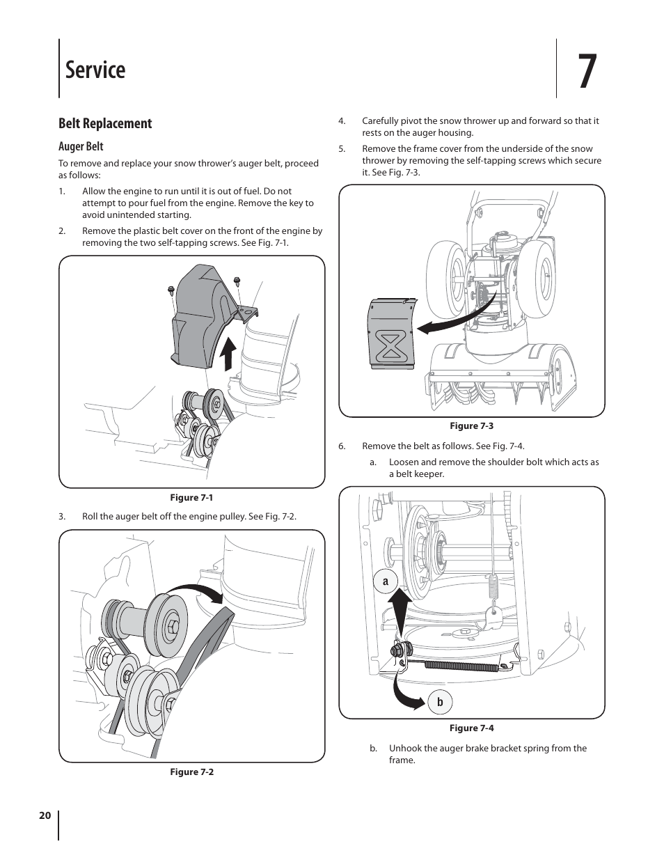 Service, Belt replacement | Troy-Bilt 2410 User Manual | Page 20 / 56