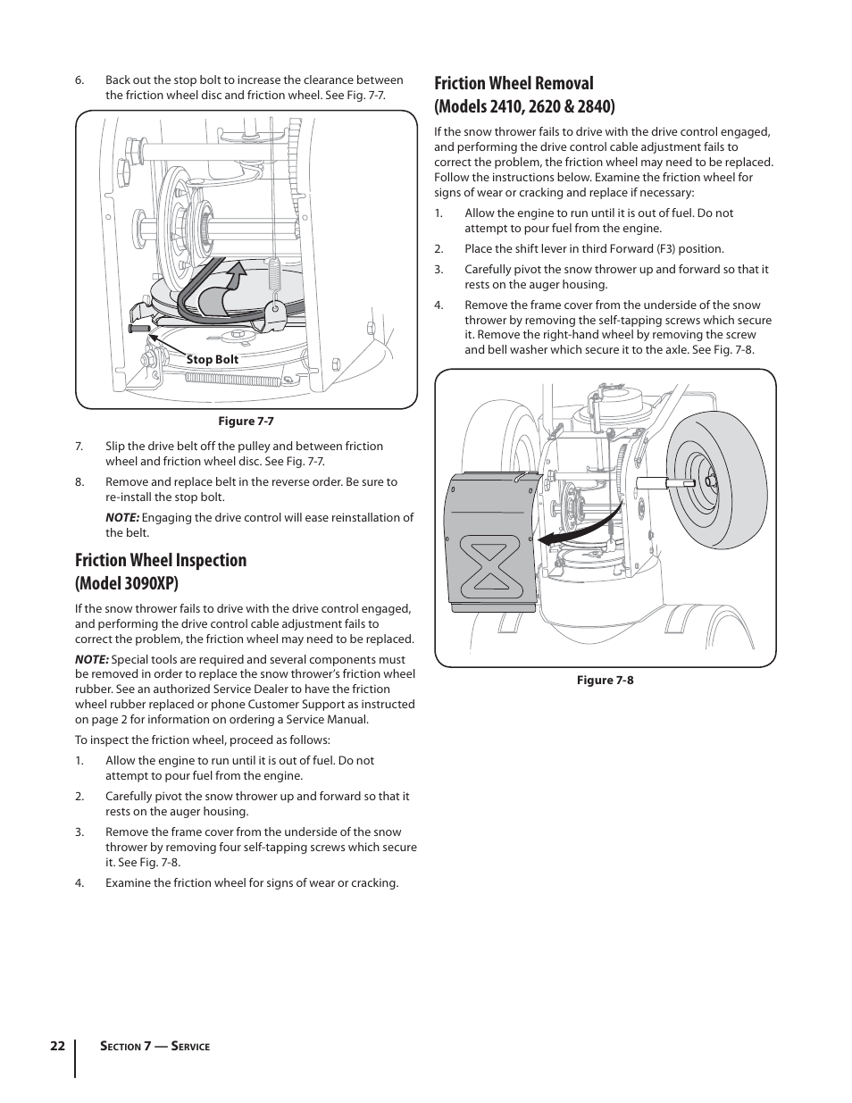 Friction wheel inspection (model 3090xp) | Troy-Bilt 2410 User Manual | Page 22 / 56