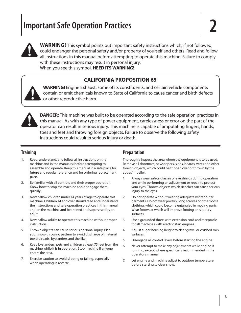 Important safe operation practices, Training, Preparation | Warning, California proposition 65 | Troy-Bilt 2410 User Manual | Page 3 / 56