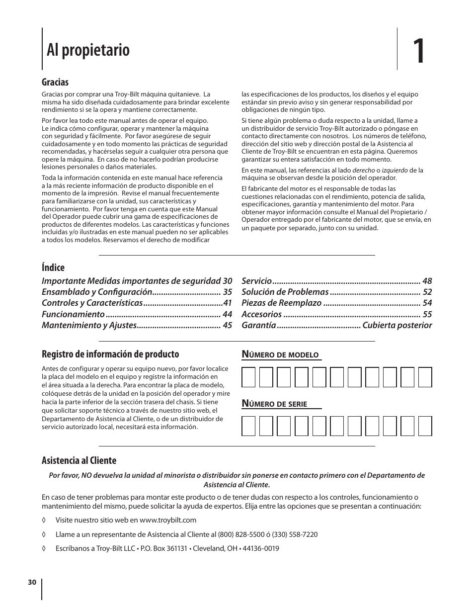 Al propietario, Asistencia al cliente, Gracias | Índice n, Registro de información de producto | Troy-Bilt 2410 User Manual | Page 30 / 56