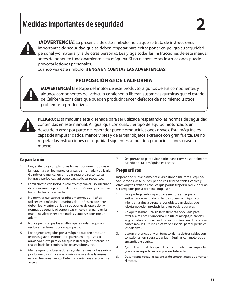 Medidas importantes de seguridad, Capacitación, Preparativos | Advertencia, Proposición 65 de california | Troy-Bilt 2410 User Manual | Page 31 / 56