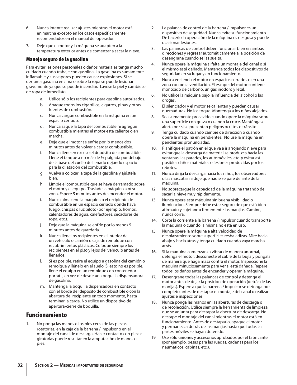 Funcionamiento, Manejo seguro de la gasolina | Troy-Bilt 2410 User Manual | Page 32 / 56