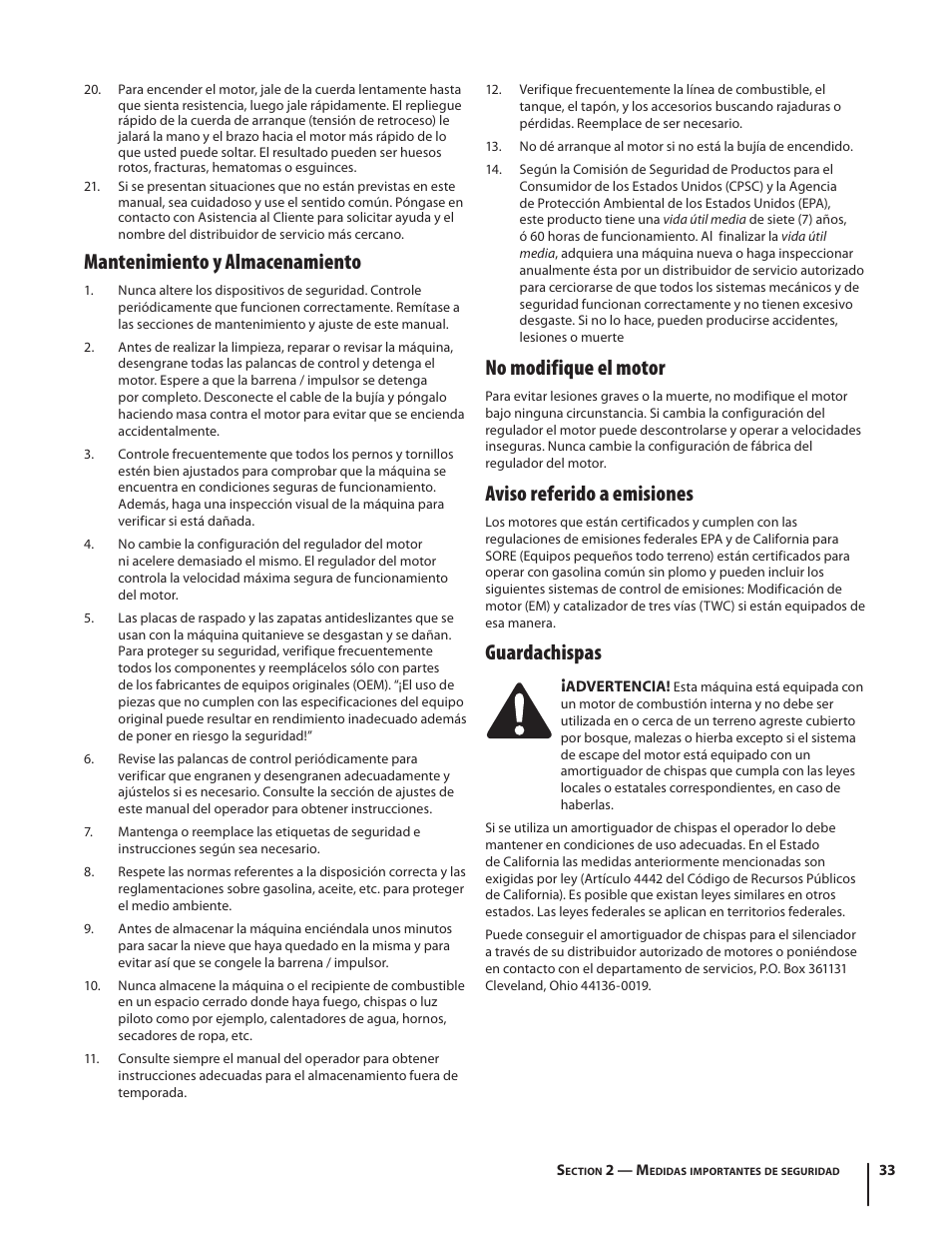 Mantenimiento y almacenamiento, No modifique el motor, Aviso referido a emisiones | Guardachispas | Troy-Bilt 2410 User Manual | Page 33 / 56