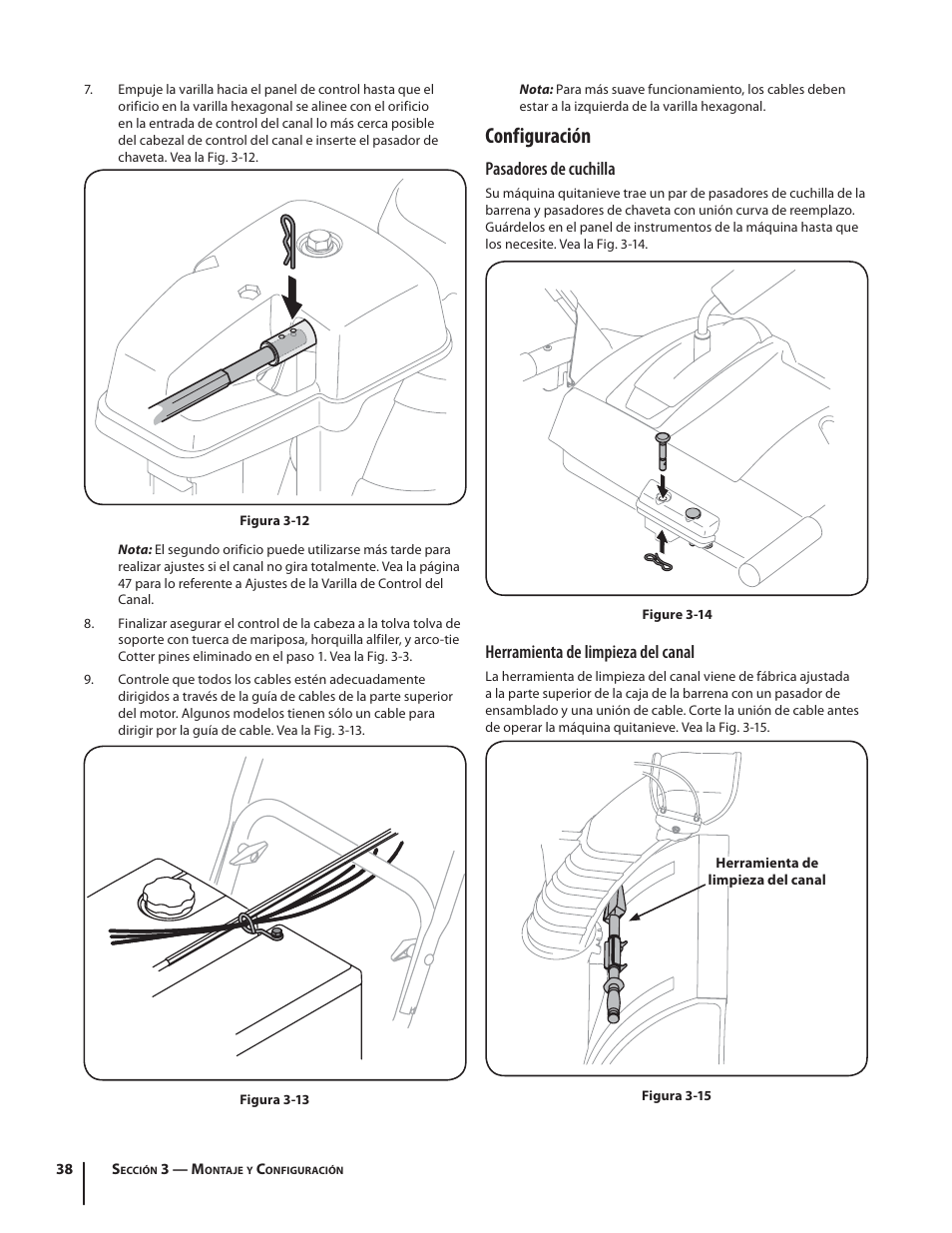 Configuración, Pasadores de cuchilla, Herramienta de limpieza del canal | Troy-Bilt 2410 User Manual | Page 38 / 56