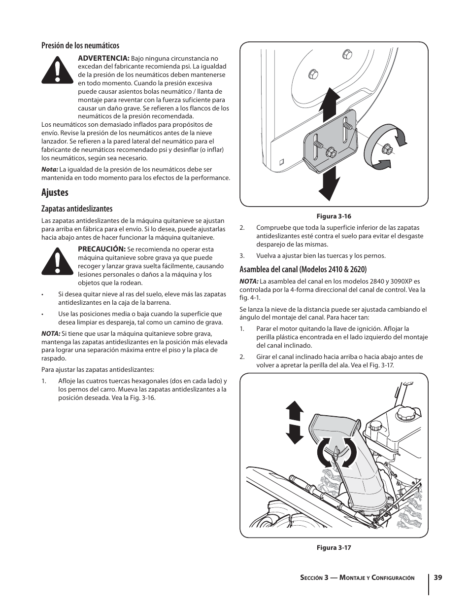 Ajustes, Presión de los neumáticos, Zapatas antideslizantes | Troy-Bilt 2410 User Manual | Page 39 / 56