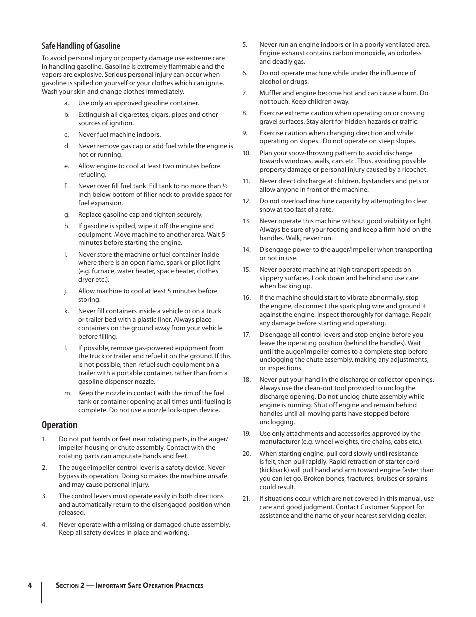 Operation, Safe handling of gasoline | Troy-Bilt 2410 User Manual | Page 4 / 56