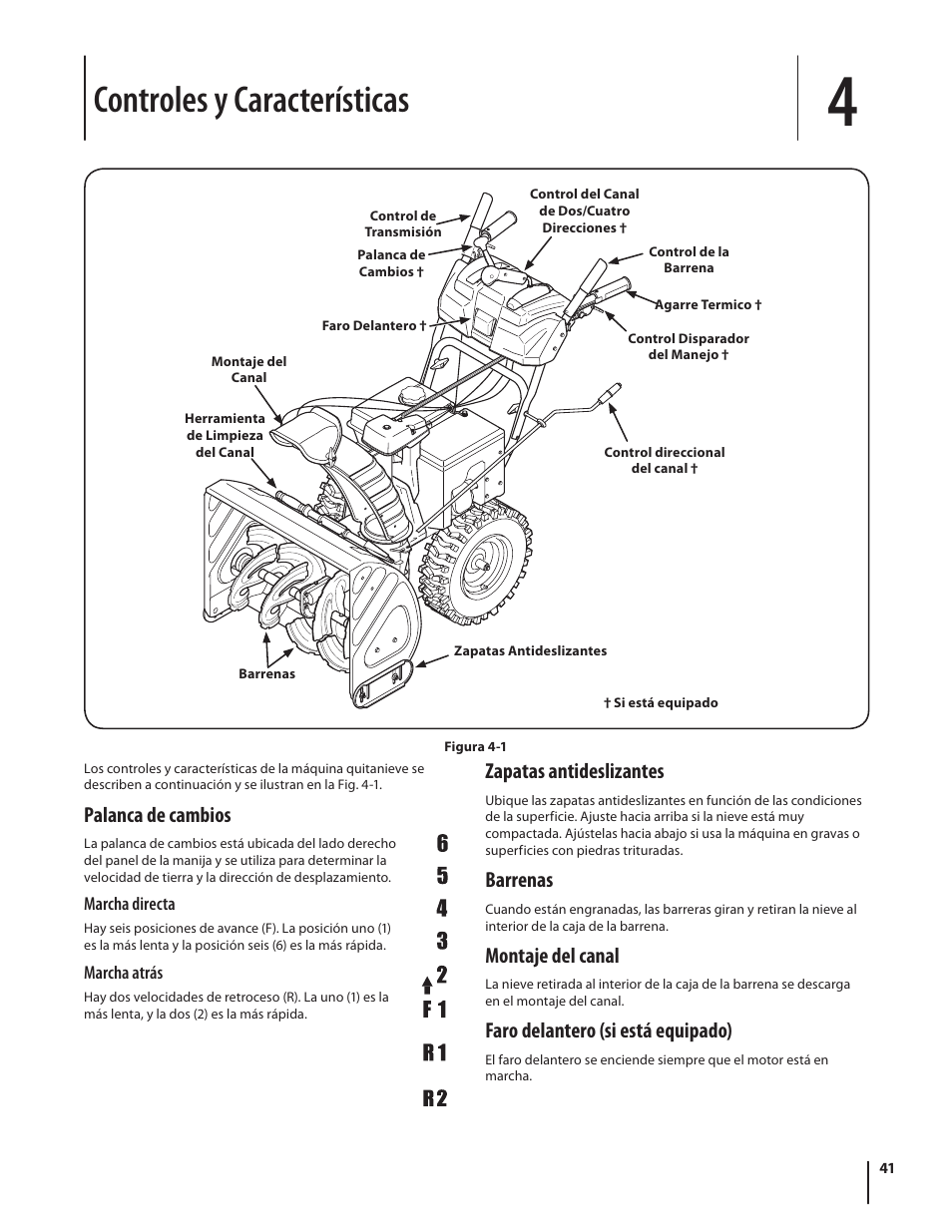 Controles y características, Palanca de cambios, Zapatas antideslizantes | Barrenas, Montaje del canal, Faro delantero (si está equipado) | Troy-Bilt 2410 User Manual | Page 41 / 56