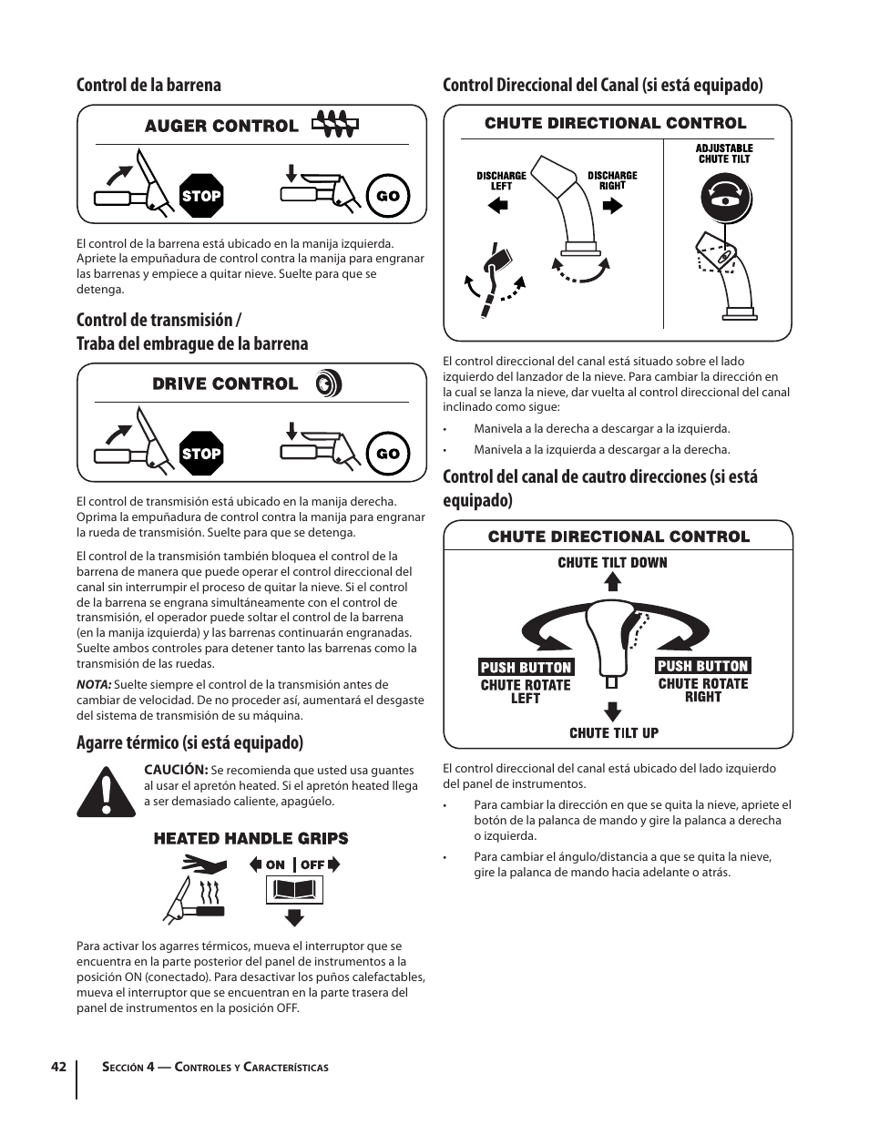 Control de la barrena, Agarre térmico (si está equipado), Control direccional del canal (si está equipado) | Troy-Bilt 2410 User Manual | Page 42 / 56