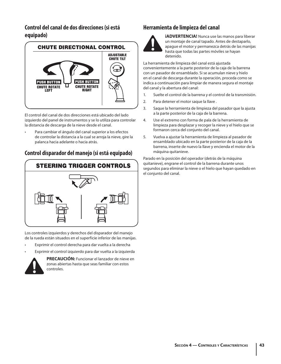 Control disparador del manejo (si está equipado), Herramienta de limpieza del canal | Troy-Bilt 2410 User Manual | Page 43 / 56