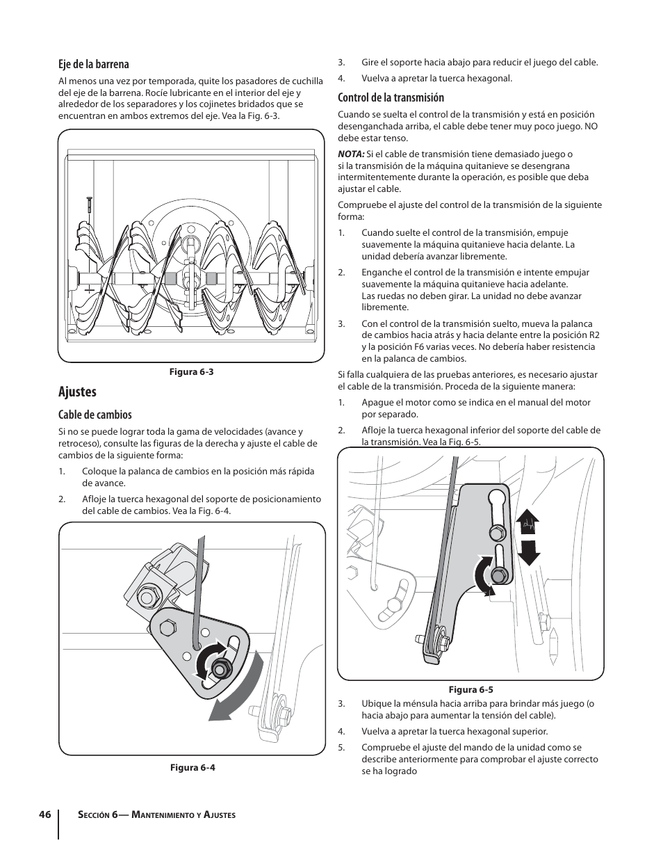 Ajustes, Eje de la barrena, Cable de cambios | Control de la transmisión | Troy-Bilt 2410 User Manual | Page 46 / 56