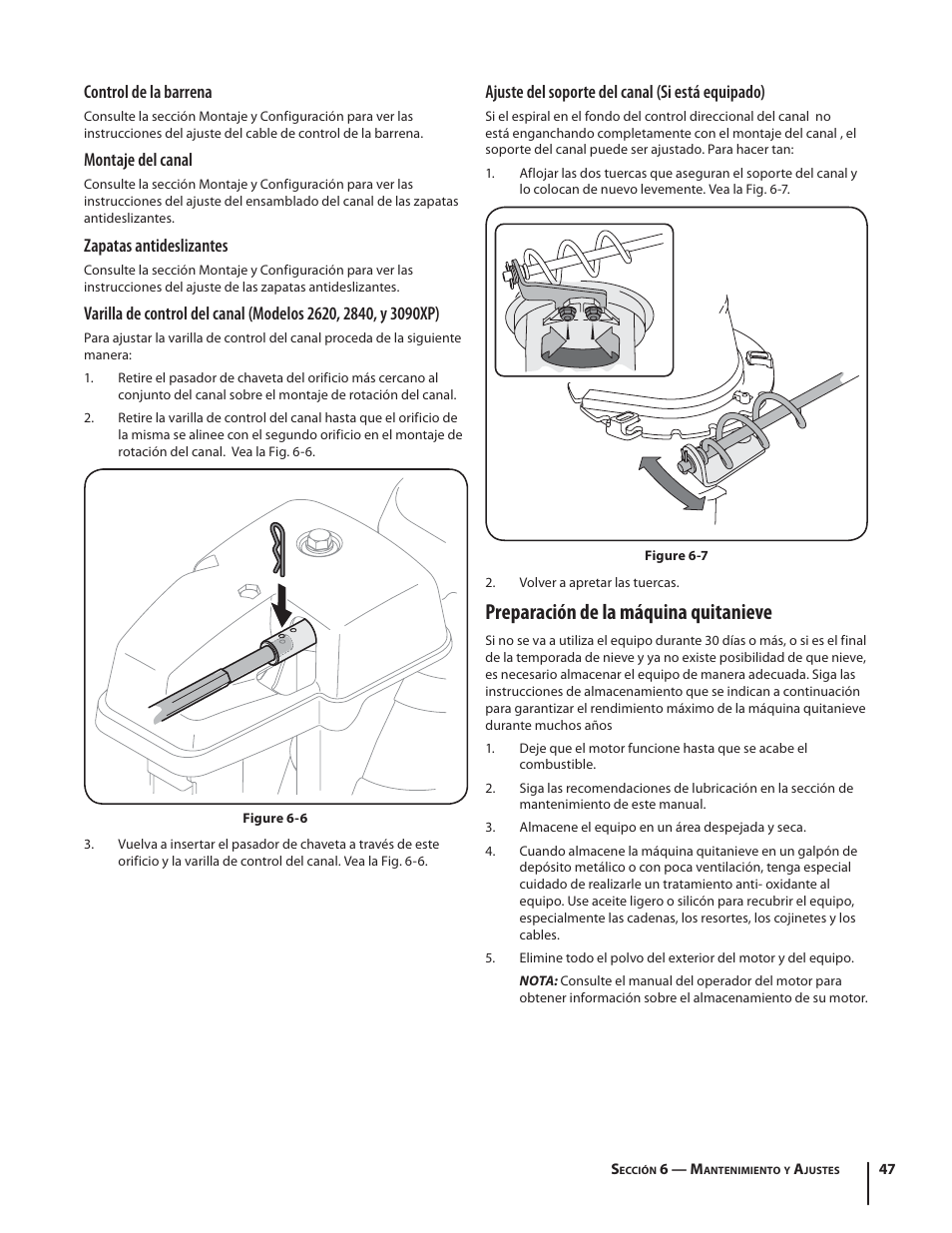 Preparación de la máquina quitanieve, Control de la barrena, Montaje del canal | Zapatas antideslizantes, Ajuste del soporte del canal (si está equipado) | Troy-Bilt 2410 User Manual | Page 47 / 56