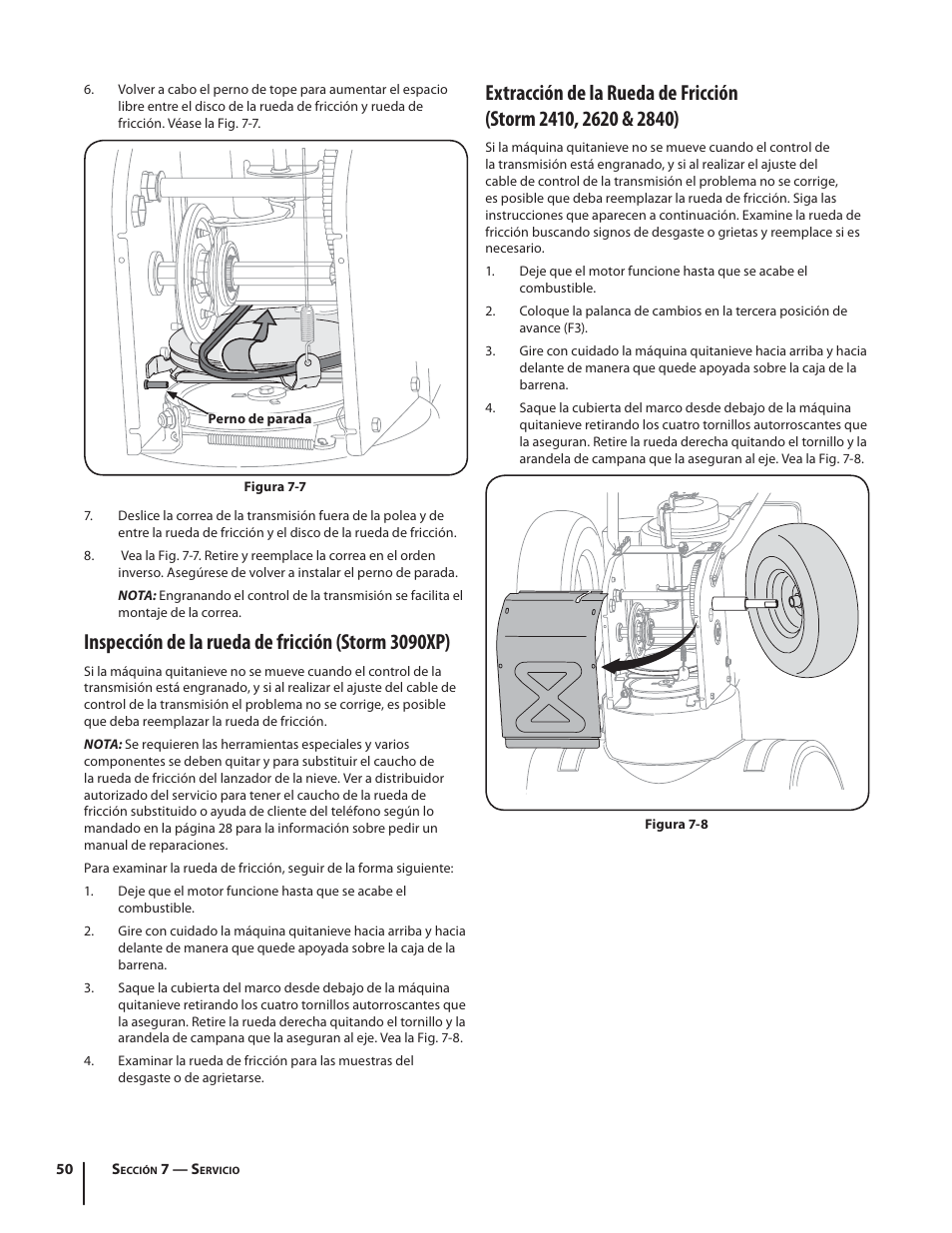 Inspección de la rueda de fricción (storm 3090xp) | Troy-Bilt 2410 User Manual | Page 50 / 56