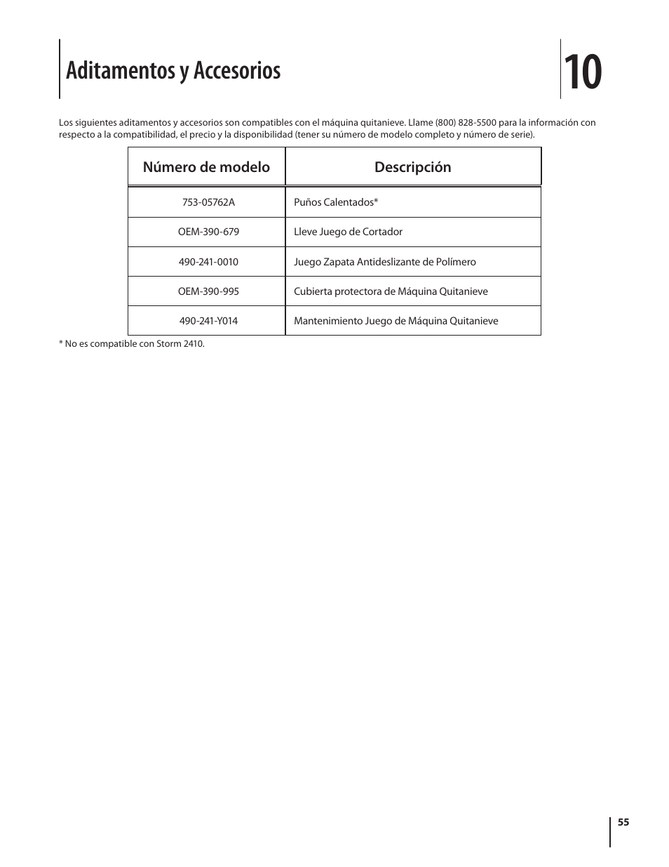 Aditamentos y accesorios | Troy-Bilt 2410 User Manual | Page 55 / 56