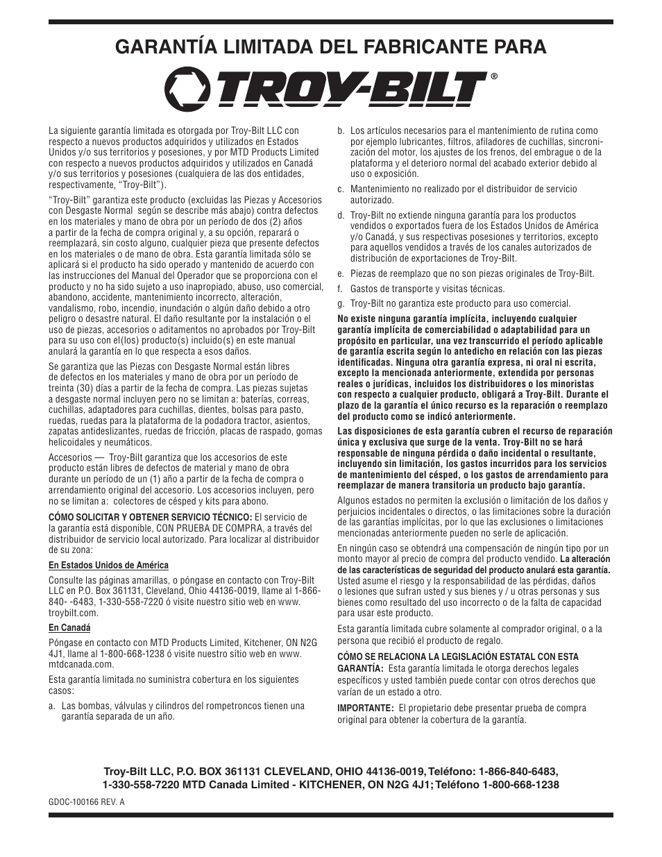 Garantía limitada del fabricante para | Troy-Bilt 2410 User Manual | Page 56 / 56