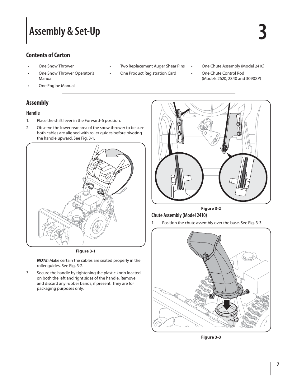 Assembly & set-up, Assembly, Contents of carton | Troy-Bilt 2410 User Manual | Page 7 / 56