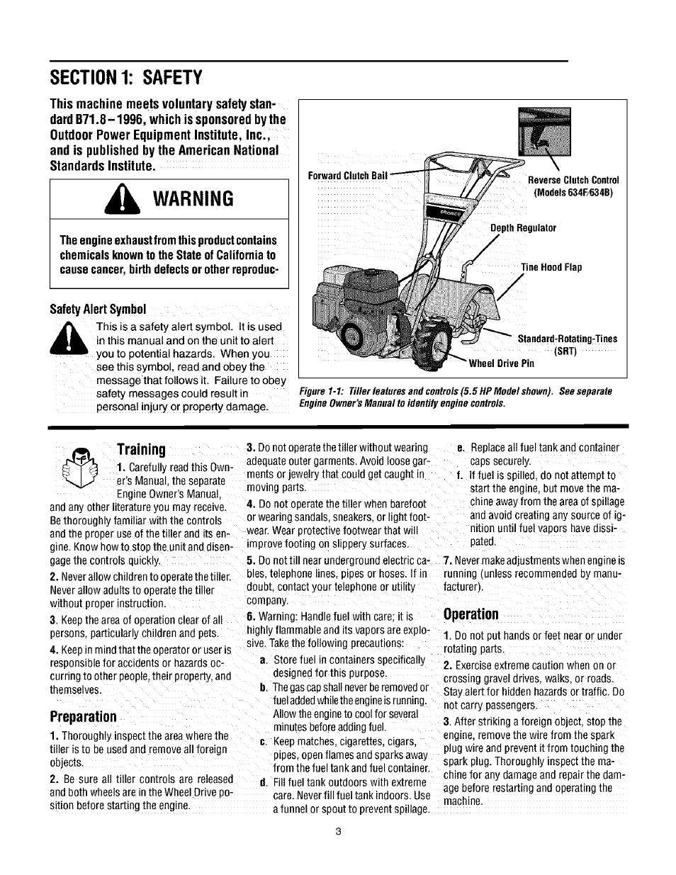 Section 1: safety, Warning, Training | Preparation, Operation, Objects.t::::t:'::.;''tt:v | Troy-Bilt TUFFY 634BM User Manual | Page 3 / 32